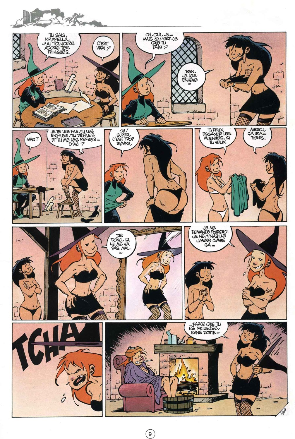 2girls abs ass ass_crack bandeau black_hair bra breasts butt_crack cleavage comic dimples_of_venus duo female fishnets frederic_seron freezing french_text ginger_hair krapella light_skin melusine_(spirou_magazine) melusine_anoukian mirror multiple_females multiple_girls navel page_9 panties rule34 skirt sneeze speech_bubble spirou_magazine tan_skin thighhighs thong undressing witch witch_hat