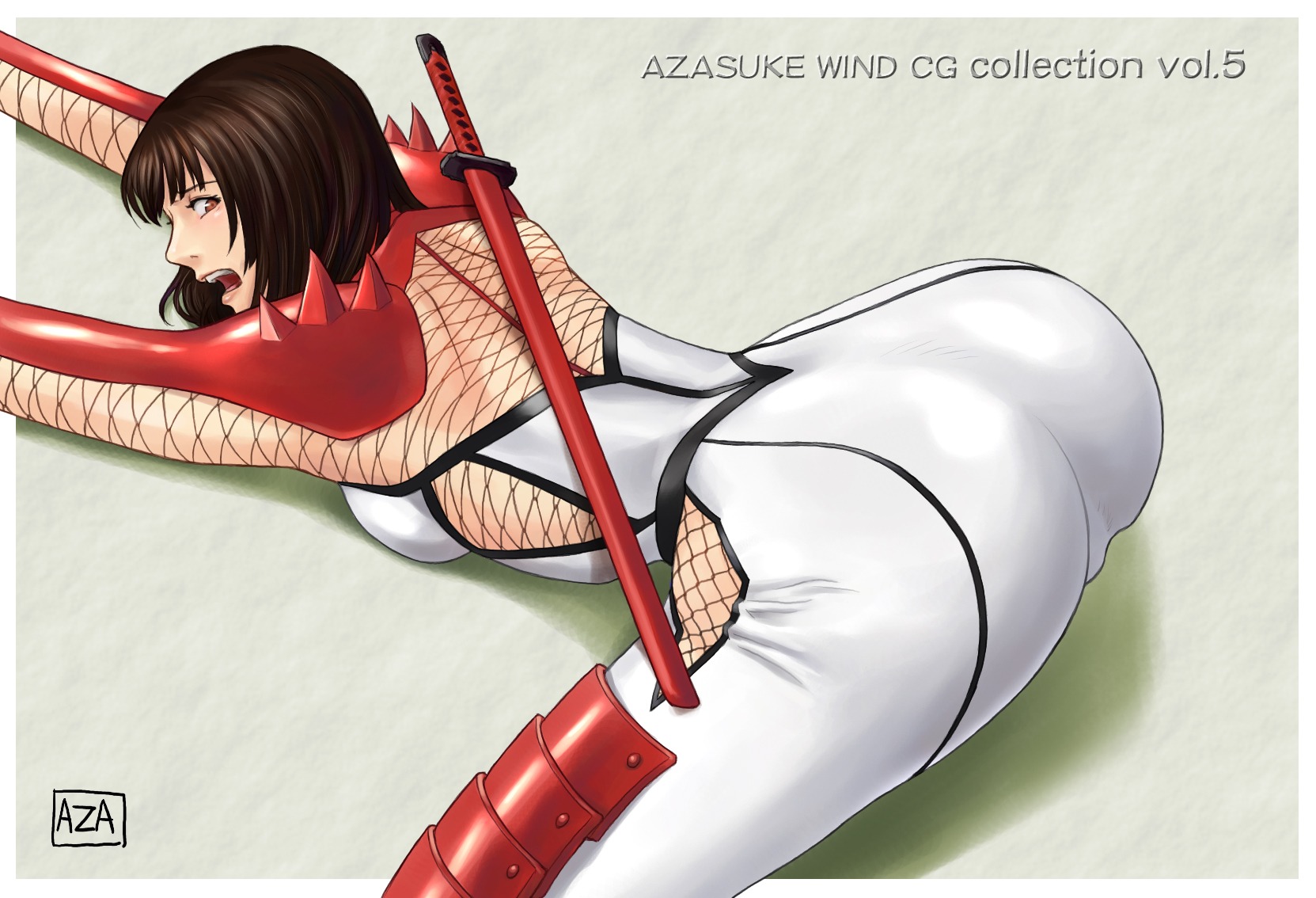 1girls armor artist_logo artist_name ass ass_up azasuke bodysuit brown_eyes brown_hair censored clothed female female_only fishnet hibana highres human katana kunoichi_(game) looking_back mosaic_censoring nightshade_(game) ninja no_visible_genitalia rule34 scabbard sheathed_sword skin_tight solo spandex sword weapon