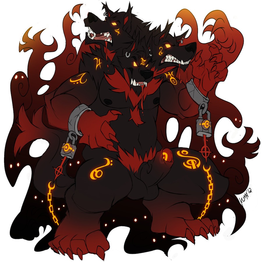 1:1 2012 3_heads abs anthro balls biceps biped canid canid_demon canine canis cerberus chain chainscoyote claws cuff_(restraint) demon digitigrade domestic_dog e621 ear_piercing erection european_mythology foreskin fur genitals greek_mythology hellhound humanoid_genitalia humanoid_penis kuma male mammal markings multi_head muscular muscular_anthro muscular_male mythological_canine mythological_creature mythology nude partially_retracted_foreskin pecs penis piercing restraints shackles solo standing tail