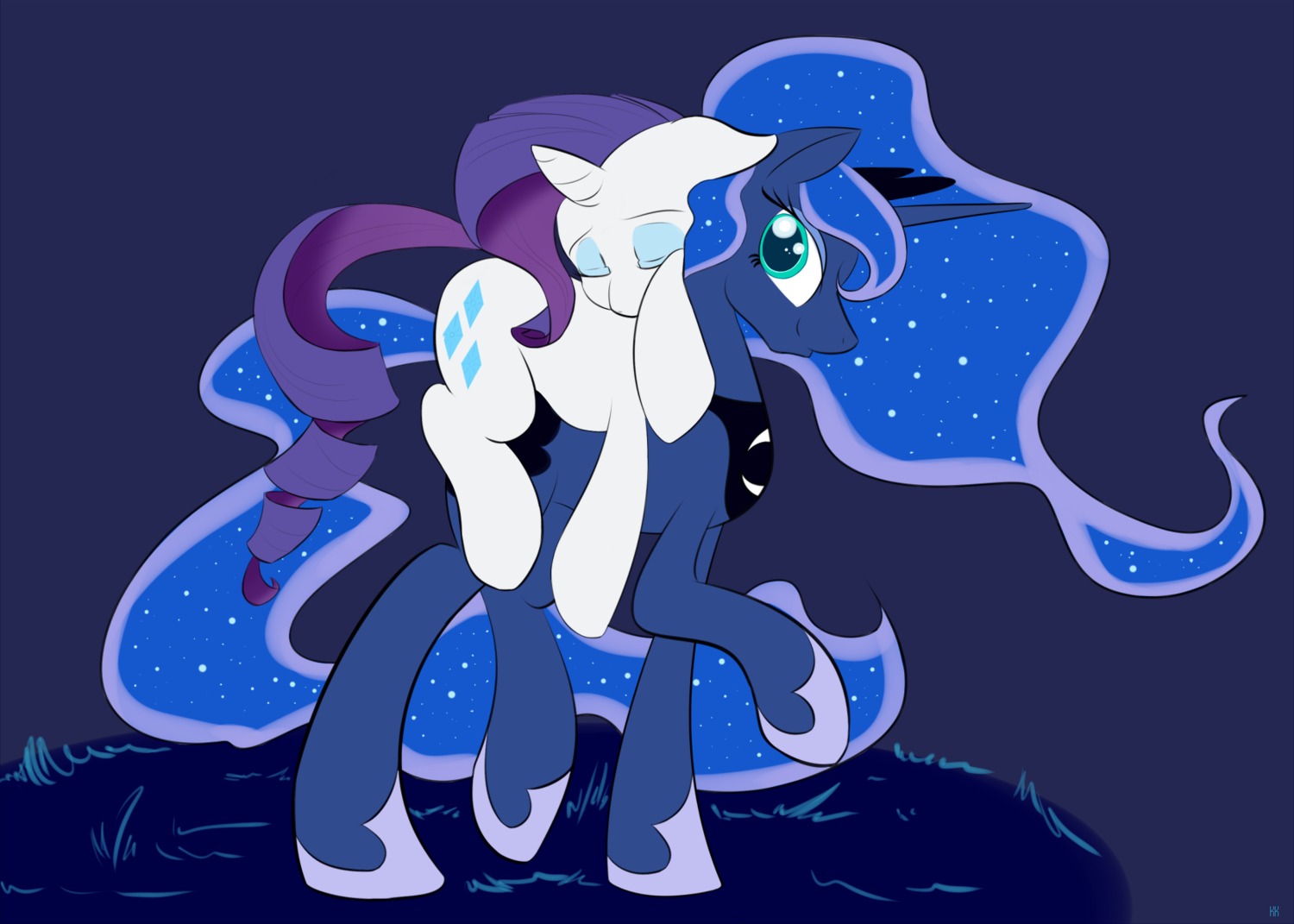 2014 blue_body blue_fur blue_hair cutie_mark duo e621 equid equine eyes_closed female feral friendship_is_magic fur grass hair hasbro hi_res hooves horn kidkaizer looking_at_viewer looking_back mammal my_little_pony mythological_creature mythological_equine mythology plant princess_luna_(mlp) purple_hair rarity_(mlp) relaxing simple_background sleeping smile teal_eyes underhoof unicorn walking white_body white_fur