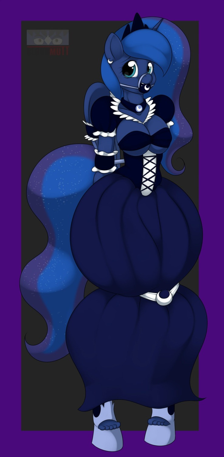 2012 anthro anthrofied ball_gag bdsm blue_body blue_eyes blue_feathers bondage boots bound breasts clothing collar crown digital_media_(artwork) dress e621 ear_piercing equid equine feathered_wings feathers female footwear friendship_is_magic gag gagged hasbro headgear hi_res horn kloudmutt looking_at_viewer mammal moon my_little_pony mythological_creature mythological_equine mythology piercing princess_luna_(mlp) shoes solo sparkles submissive submissive_female tail winged_unicorn wings
