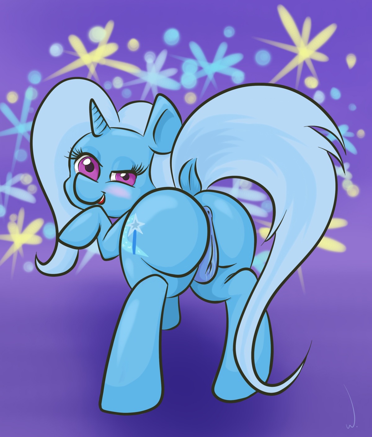 abstract_background absurd_res anus blue_body blue_hair blush butt cutie_mark e621 equid equine female feral friendship_is_magic genitals hair hasbro hi_res horn looking_at_viewer looking_back mammal my_little_pony mythological_creature mythological_equine mythology purple_eyes simple_background solo tail trixie_(mlp) unicorn vulva wizardski