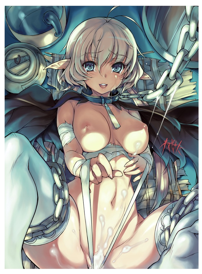 1girls ahoge bandage bandages blonde_hair blue_eyes bondage breasts cape chains collar cum cum_on_body elf feet female happy_sub large_breasts leash lying naked_thighhighs navel nipples no_shoes nude on_back open_mouth original pointy_ears rule34 slave smile solo spread_legs tear thighhighs tied_hair twintails wazakita