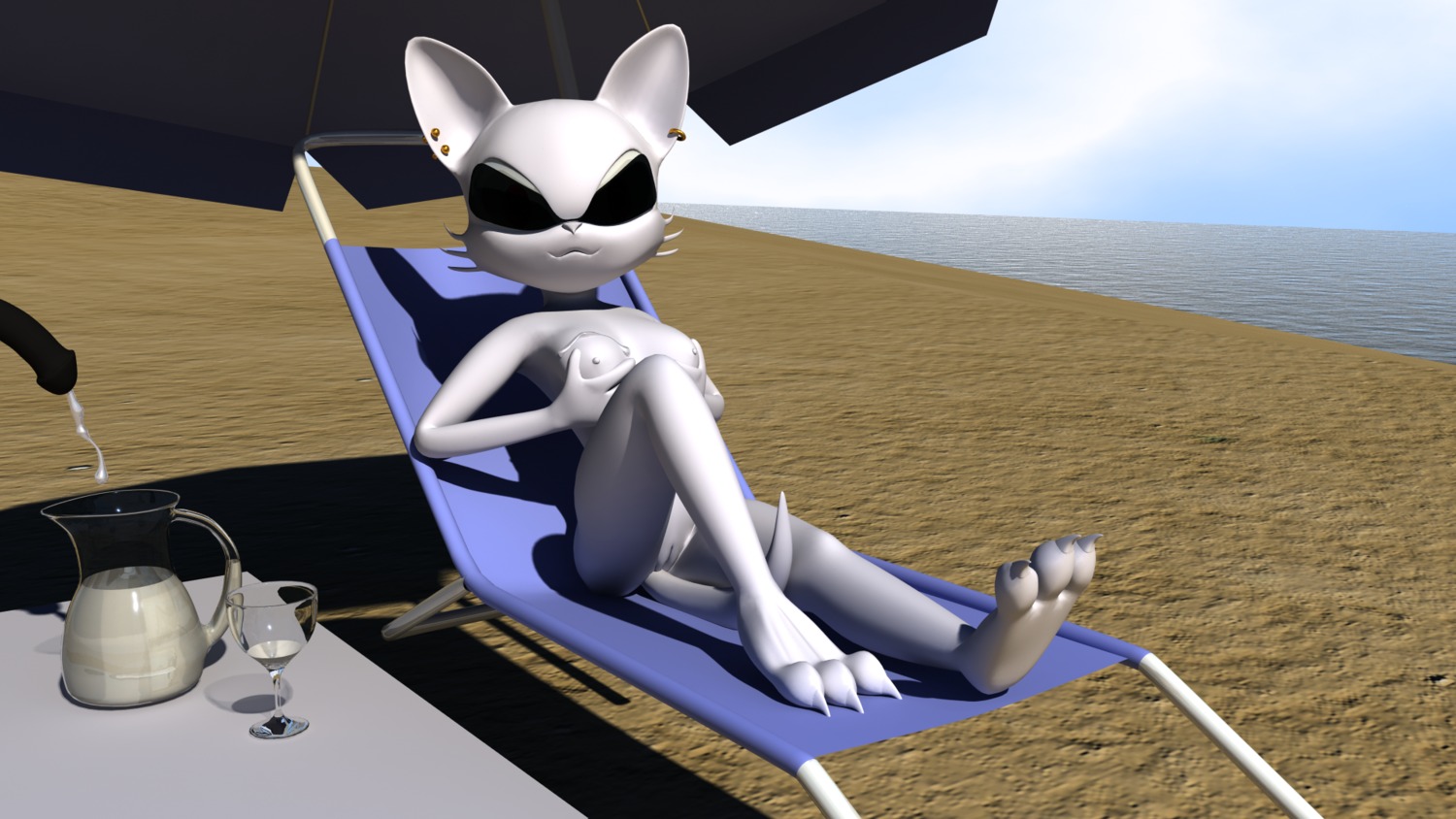 16:9 3d_(artwork) anthro beach beach_umbrella bodily_fluids breasts container cum cum_on_breasts cumshot destiny_blackmoon detailed_background digital_media_(artwork) disembodied_penis domestic_cat duo e621 ear_piercing ejaculation eyewear felid feline felis female female_focus fur genital_fluids genitals glass half-erect hi_res jar kittie male mammal nipples nude nude_beach orgasm outside parasol penis piercing red_eyes sand seaside solo_focus sunglasses tail vulva white_body white_fur widescreen