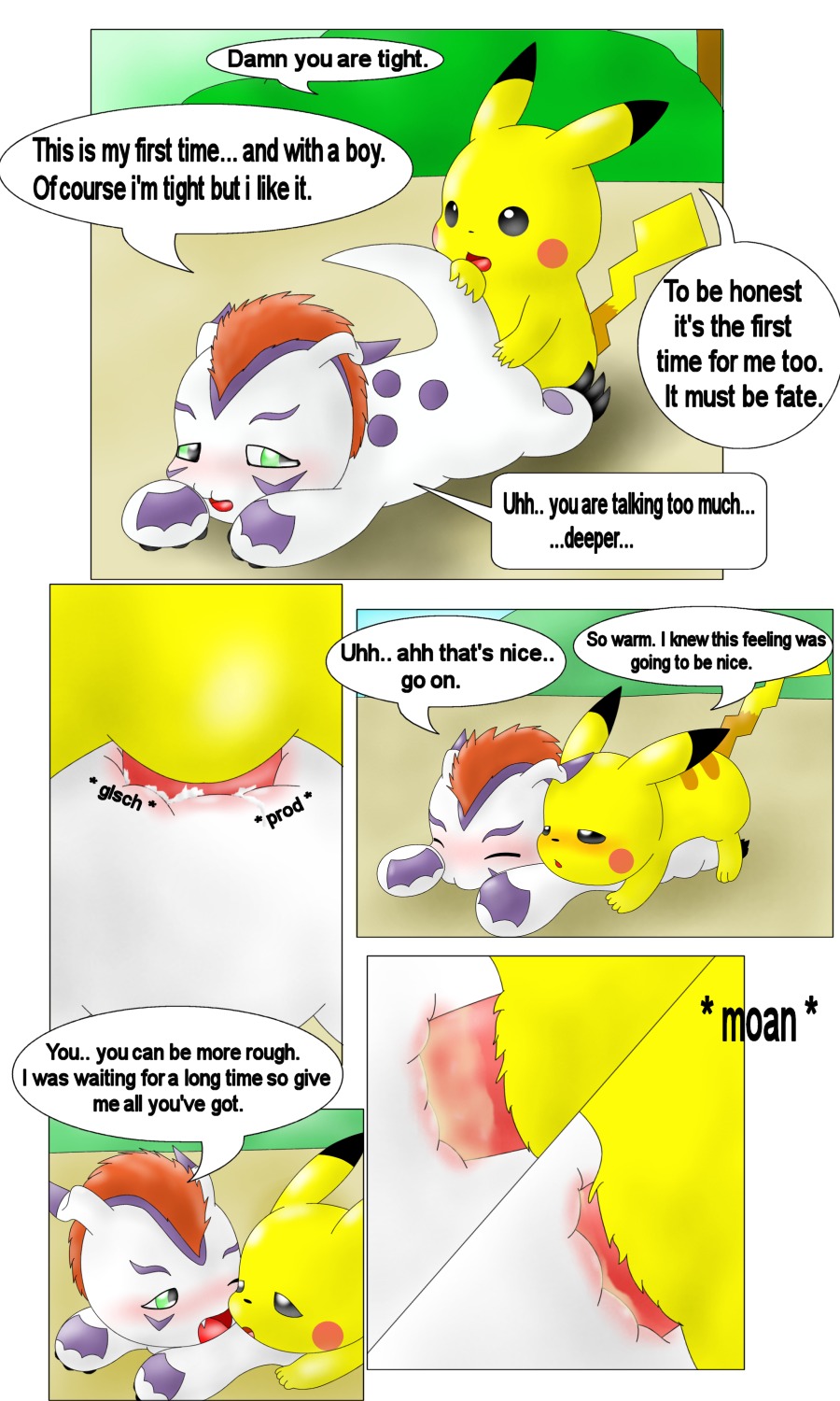 3:5 anal anus bandai_namco beach blush bodily_fluids claws comic crossover cum curby dialogue digimon digimon_(species) duo e621 eager english_text erection fur generation_1_pokemon genital_fluids genitals gomamon hi_res male male/male male_penetrated male_penetrating male_penetrating_male mammal multiple_scenes nintendo outside penetration penis pikachu pokemon pokemon_(species) rodent seaside sex text yellow_body yellow_fur