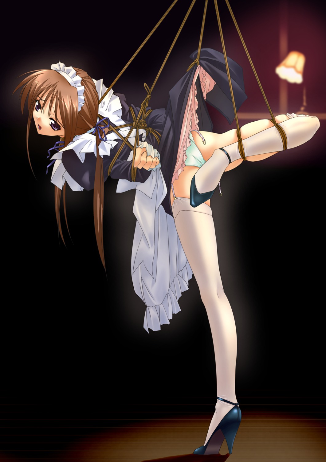 1girls arms_behind_back arms_bound arms_bound_behind_back blue_eyes bondage bound_arms brown_hair f-ism female female_focus female_human female_only full_body garter_belt green_panties high_heels highres human human_female human_focus human_only leg_lift long_hair maid murakami_suigun original panties restrained rope rule34 shoes skirt skirt_lift slave solo solo_female solo_focus standing_on_one_leg thighhighs tied underwear
