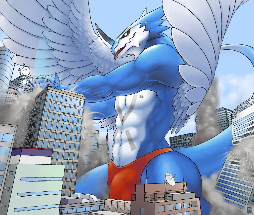 anthro bandai_namco biped blue_body blue_skin building building_destruction bulge claws clothed clothing countershading destruction digimon digimon_(species) dragon e621 exveemon facial_markings fangs feathered_dragon feathered_scalie feathered_wings feathers grin head_markings horn macro male markings mick39 muscular muscular_anthro muscular_male mythological_creature mythological_scalie mythology red_eyes scalie skimpy smile solo standing tail teeth thong tongue underwear wings xbuimonsama