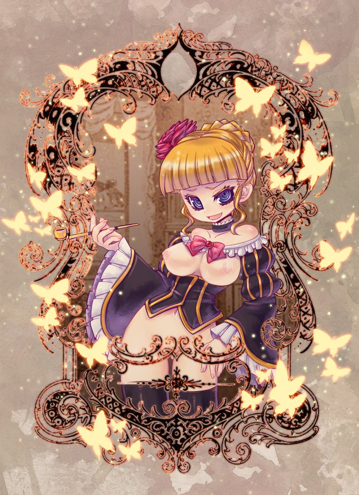 07th_expansion beatrice_(umineko) breasts brown_hair female female_only gem_(pixiv) huge_eyes kiseru nipples nude pipe pointy_chin ribbon rule34 short_hair solo umineko_no_naku_koro_ni