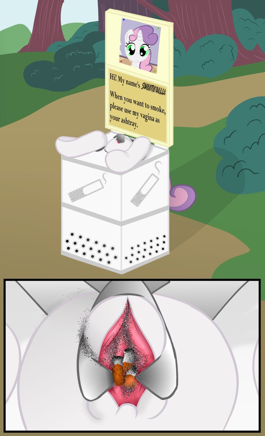 2013 ashtray digital_media_(artwork) e621 english_text equid equine female feral friendship_is_magic fur genital_torture genitals hasbro hi_res horse humiliation loli mammal masochism my_little_pony ohohokapi outside pony public public_use pussy_torture sign solo spread_vulva spreading sweetie_belle_(mlp) text vulva what what_has_science_done white_body white_fur young young_female young_feral