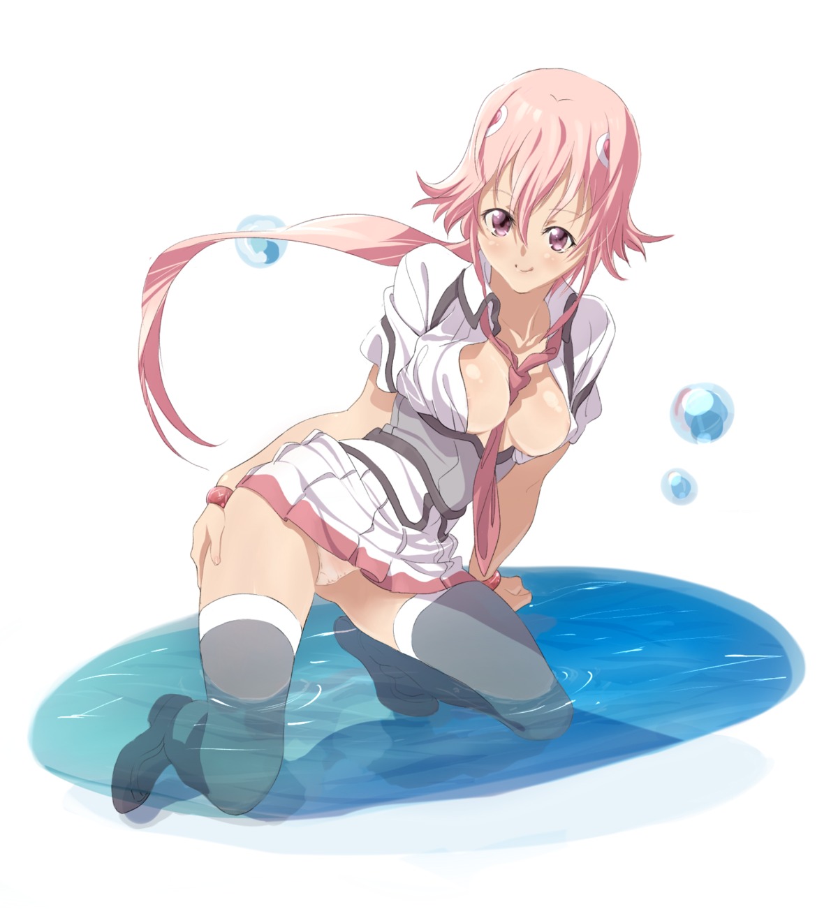 1girls between_breasts breasts female highres necktie necktie_between_breasts p.k. panties pink_hair ponytail rule34 shishidou_akiha solo sora_wo_kakeru_shoujo thighhighs tied_hair underwear water