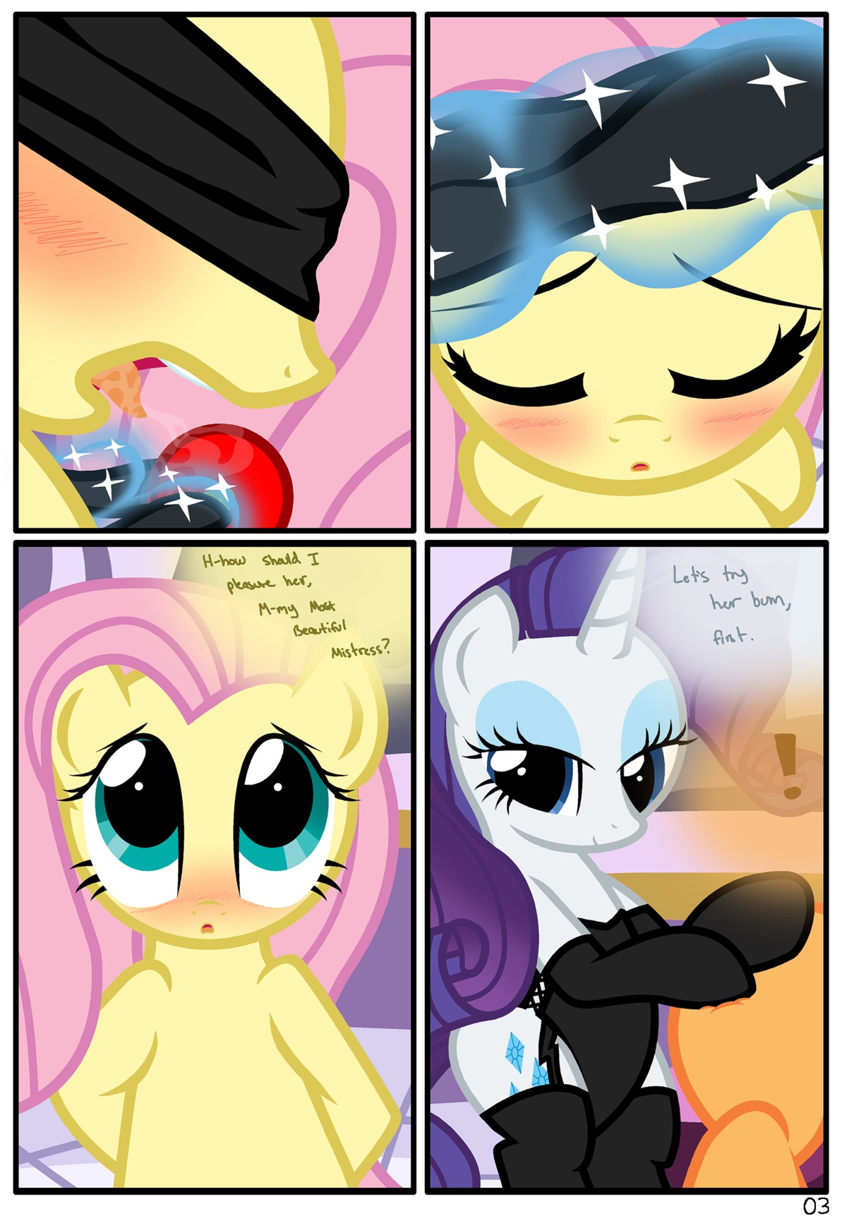 absurd_res applejack_(mlp) ball_gag blindfold blue_eyeshadow blush border butt comic dialogue duo_focus e621 earth_pony english_text equid equine eyeshadow female feral fluttershy_(mlp) friendship_is_magic fur gag group hasbro hi_res horn horse makeup mammal my_little_pony mythological_creature mythological_equine mythology orange_body orange_fur pony pyruvate rarity_(mlp) text unicorn white_body white_border white_fur yellow_body yellow_fur