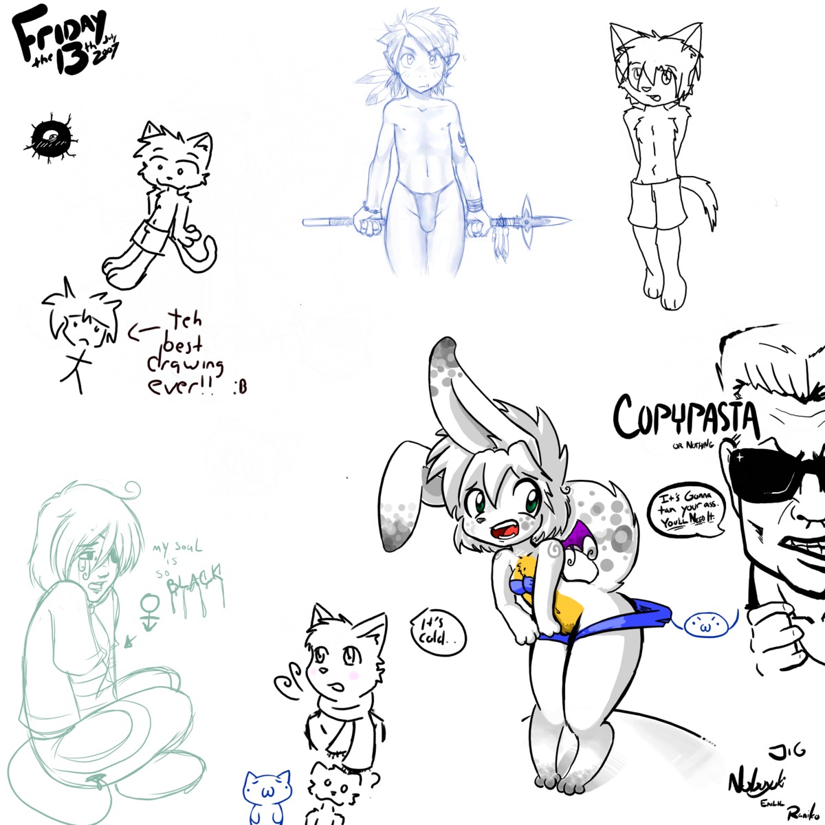 1:1 2007 anthro bikini bikini_pull breasts clothed clothing clothing_pull duke_nukem duke_nukem_(series) e621 embarrassed english_text eyewear female genitals green_eyes group hair hi_res human lagomorph male male_human mammal melee_weapon navel nipples nobuyuki polearm raniko ryukidragon_(artist) scarf simple_background sitting sketch sketch_page swimwear swimwear_pull tail text two-piece_swimsuit vulva weapon white_background wings