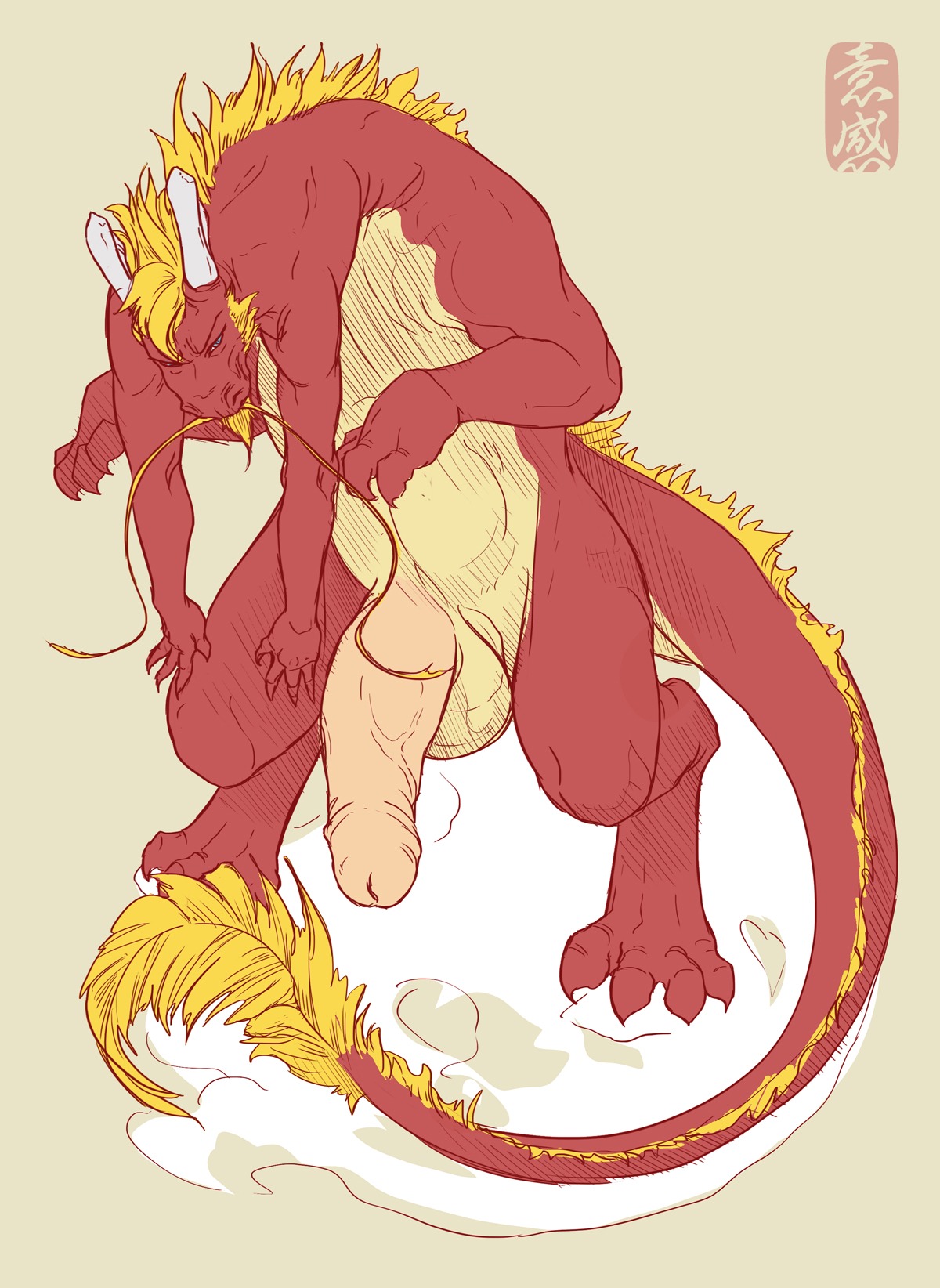 asian_mythology blonde_hair bobby123 butt claws dragon dragon_taur e621 east_asian_mythology eastern_dragon fydbac genitals hair half-erect hi_res horn humanoid_genitalia humanoid_penis hyper long_hair male mythological_creature mythological_scalie mythology nude penis scalie simple_background solo tail taur whiskers white_background
