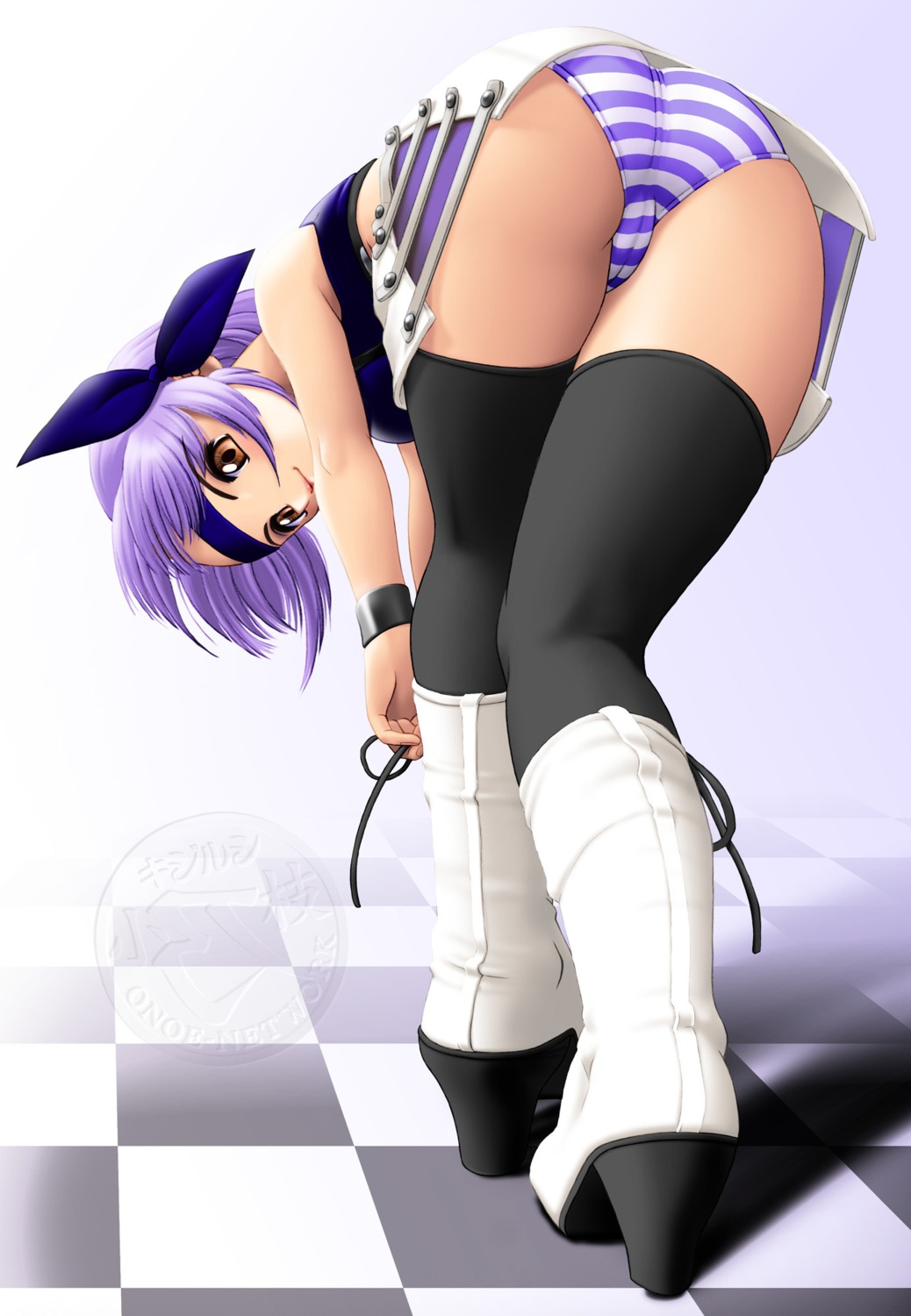 ass ayane_(doa) bent_over black_legwear black_thighhighs blue_hair blue_panties boots brown_eyes cameltoe crop_top dead_or_alive female female_only hair_ribbon headband highres human knee_pit kneepits miniskirt onoe panties pantyshot pantyshot_(standing) purple_hair pussy ribbon rule34 skirt solo standing striped striped_panties thighhighs thighs trefoil underwear watermark zettai_ryouiki