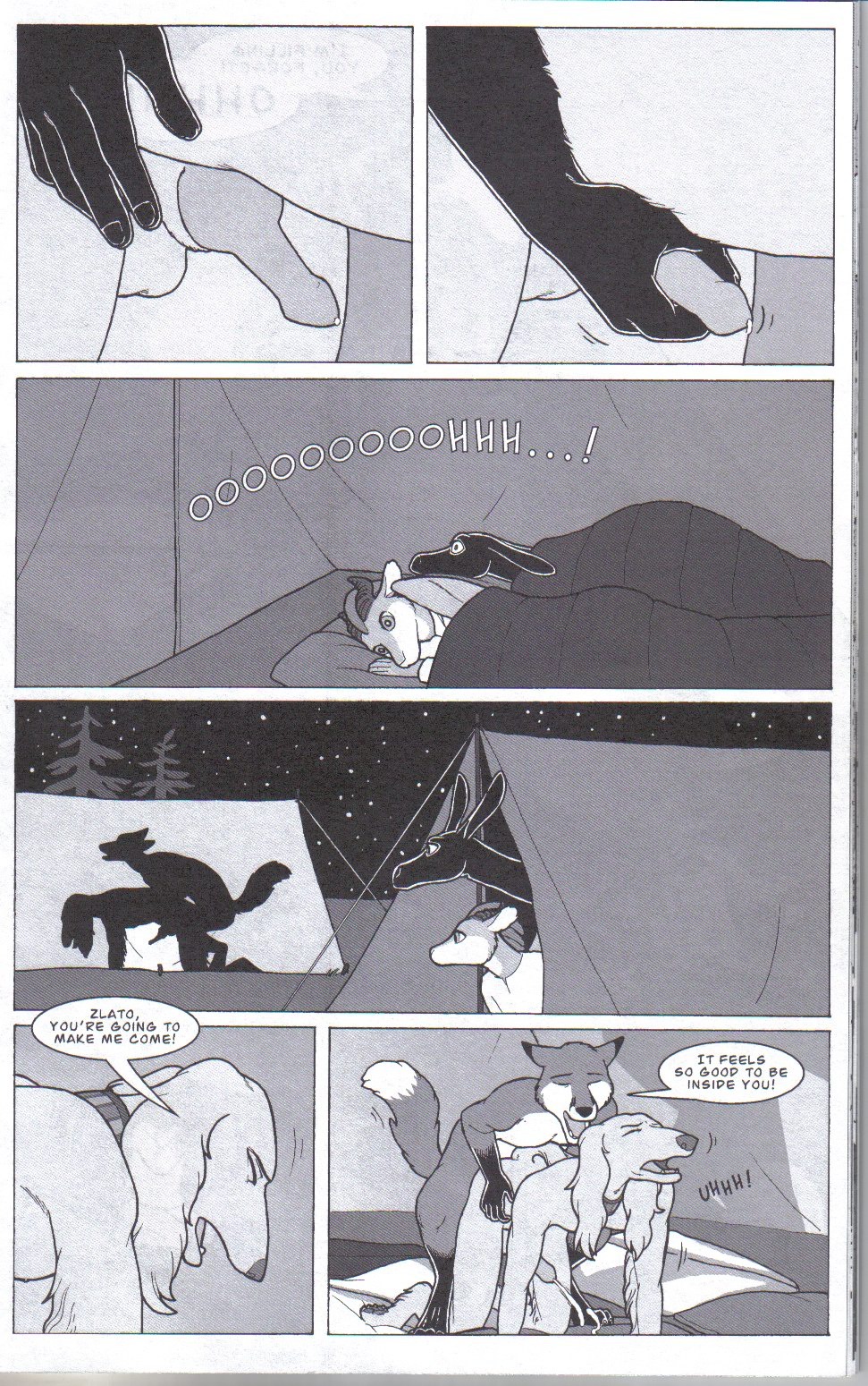 aaaamory all_fours anal anal_penetration animal_genitalia animal_penis anthro bodily_fluids canid canine canine_genitalia canine_penis canis collar comic cum dialogue dipstick_tail doggystyle domestic_dog duo e621 english_text erection forget fox from_behind_position genital_fluids genitals greyscale group handjob hi_res knot male male/male male_penetrated male_penetrating male_penetrating_male mammal markings moan monochrome multiple_scenes nude penetration penile penis reach_around sex silhouette sleeping_bag tail tail_markings tent text zlato