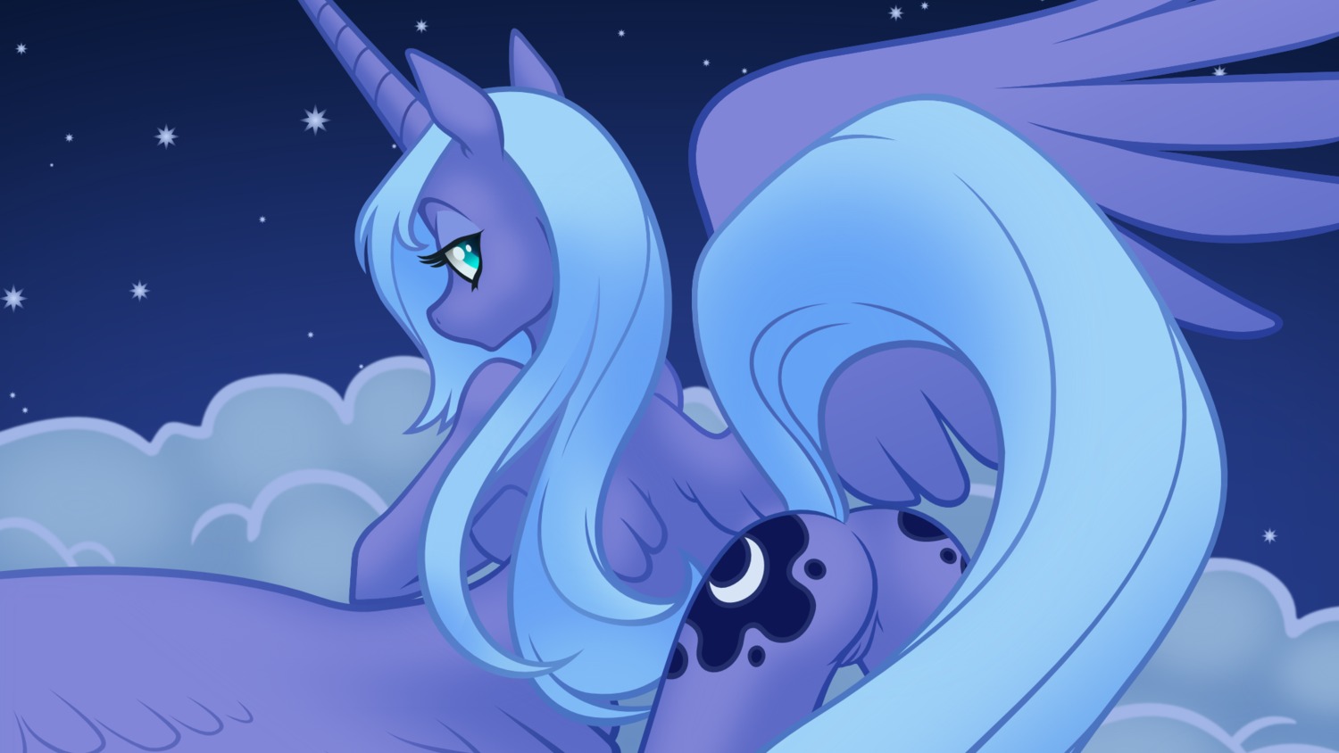 16:9 2013 3luk anthro blue_body blue_eyes blue_feathers blue_hair butt cloud cool_colors cutie_mark e621 equid equine feathered_wings feathers female friendship_is_magic genitals hair hasbro hi_res horn long_hair looking_at_viewer looking_back mammal my_little_pony mythological_creature mythological_equine mythology outside princess_luna_(mlp) raised_tail sky skyscape solo tail vulva widescreen winged_unicorn wings