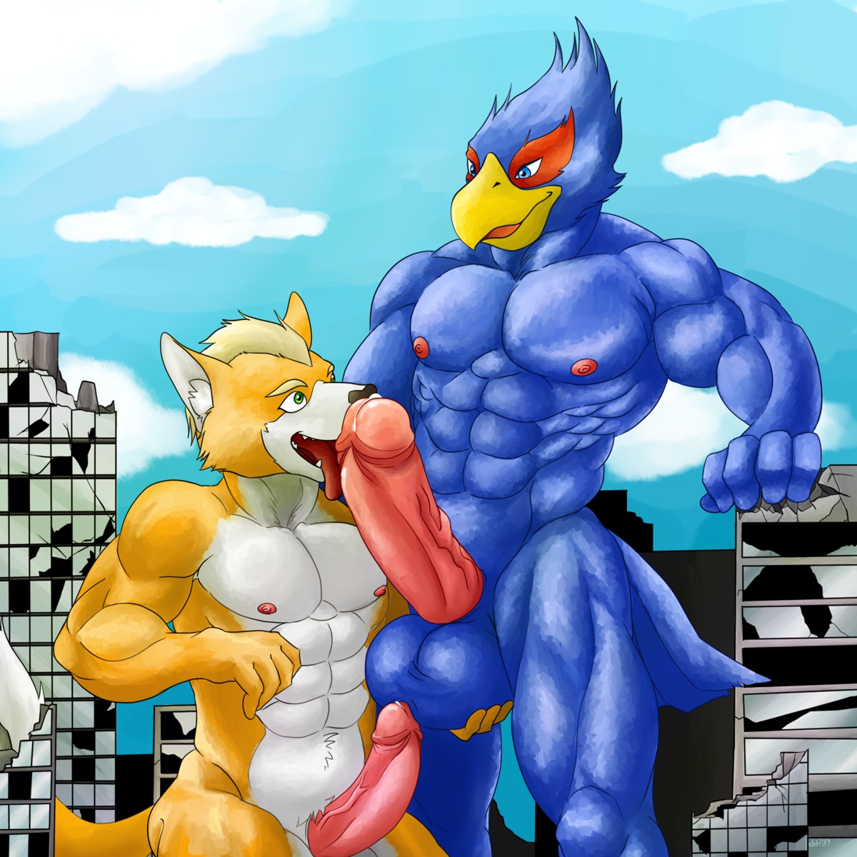 1:1 abs animal_genitalia anthro athletic avian ball_fondling balls beak biceps big_balls big_muscles big_penis bird blue_body blue_feathers brown_body brown_fur canid canine dd159 duo e621 erection falco_lombardi fangs feathers fondling fox fox_mccloud fur genitals hi_res humanoid_genitalia humanoid_penis interspecies licking macro male male/male male_penetrated male_penetrating male_penetrating_male mammal muscular muscular_male nintendo nipples non-mammal_balls non-mammal_nipples nude open_mouth oral pecs penetration penile penis penis_lick sex sheath star_fox tan_body tan_fur teeth tongue tongue_out vein white_body white_fur