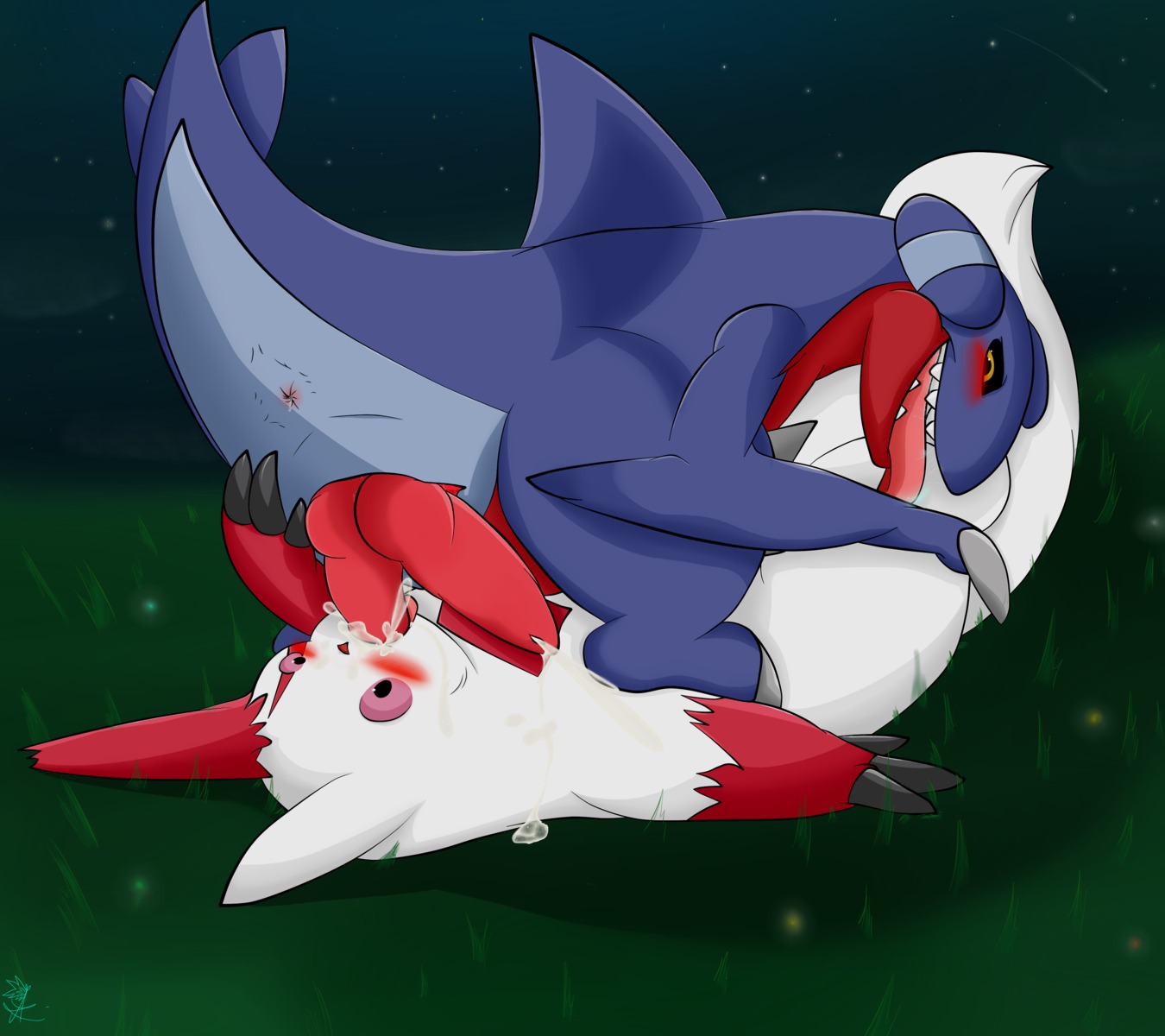 2_penises 69_position absurd_res ambiguous_gender animal_genitalia animal_penis anus aquatic artist_collaboration asbiearts benji_(artist) blush bodily_fluids butt conditional_dnp cum cum_in_mouth cum_inside duo e621 erection fellatio feral feral_on_feral fish gabite generation_3_pokemon generation_4_pokemon genital_fluids genital_slit genitals grin hemipenes hi_res interspecies licking male male/ambiguous multi_genitalia multi_penis nintendo oral oral_penetration penetration penile penis pokemon pokemon_(species) sex shark simple_background smile tail tail_anus tongue tongue_out zangoose