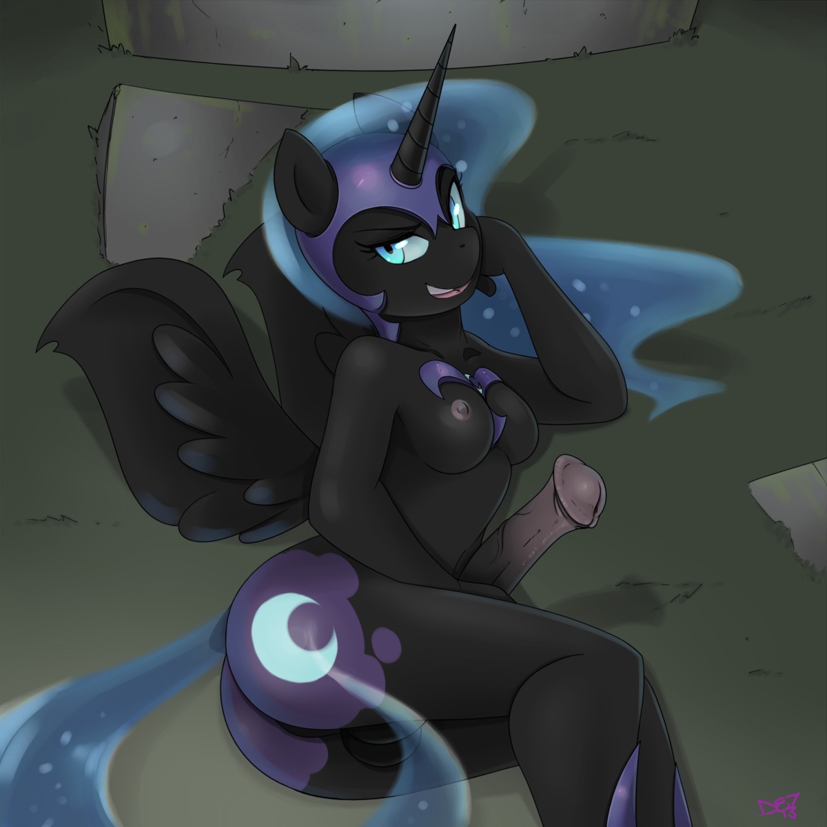 1:1 animal_genitalia animal_penis anthro anthrofied armor balls black_body black_feathers blue_eyes breasts cutie_mark devo87 e621 equid equine equine_genitalia equine_penis erection feathered_wings feathers friendship_is_magic genitals grass gynomorph hasbro hi_res horn intersex mammal my_little_pony mythological_creature mythological_equine mythology nightmare_moon_(mlp) nude penis plant solo unconvincing_armor winged_unicorn wings
