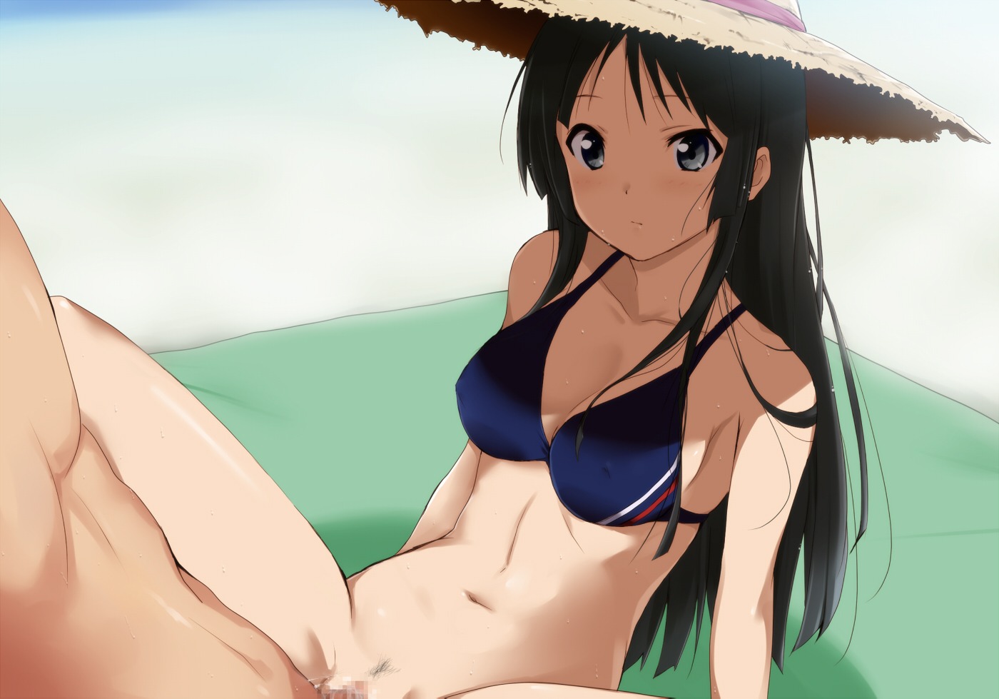 bikini black_hair bottomless censored female hat human human_only k-on! kaiga long_hair male mio_akiyama_(k-on!) navel pubic_hair rule34 sex straight swimsuit