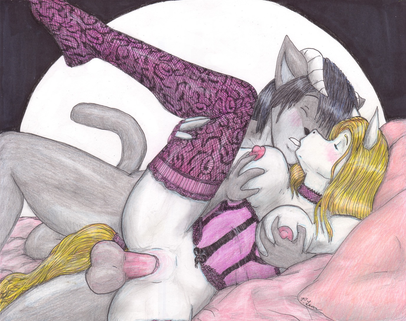anthro anthro_on_anthro balls bed black_hair blonde_hair breast_grab breasts canid canine choker clothing corset duo e621 equid erection female female_penetrated fingerless_gloves furniture genitals gloves hair hand_on_breast handwear horn jewelry legwear lingerie male male/female male_penetrating male_penetrating_female mammal mostly_nude necklace nipples nude paul_lucas penetration penile penile_penetration penis penis_in_vagina sex stockings tail thigh_highs topwear traditional_media_(artwork) vaginal vaginal_penetration vulva