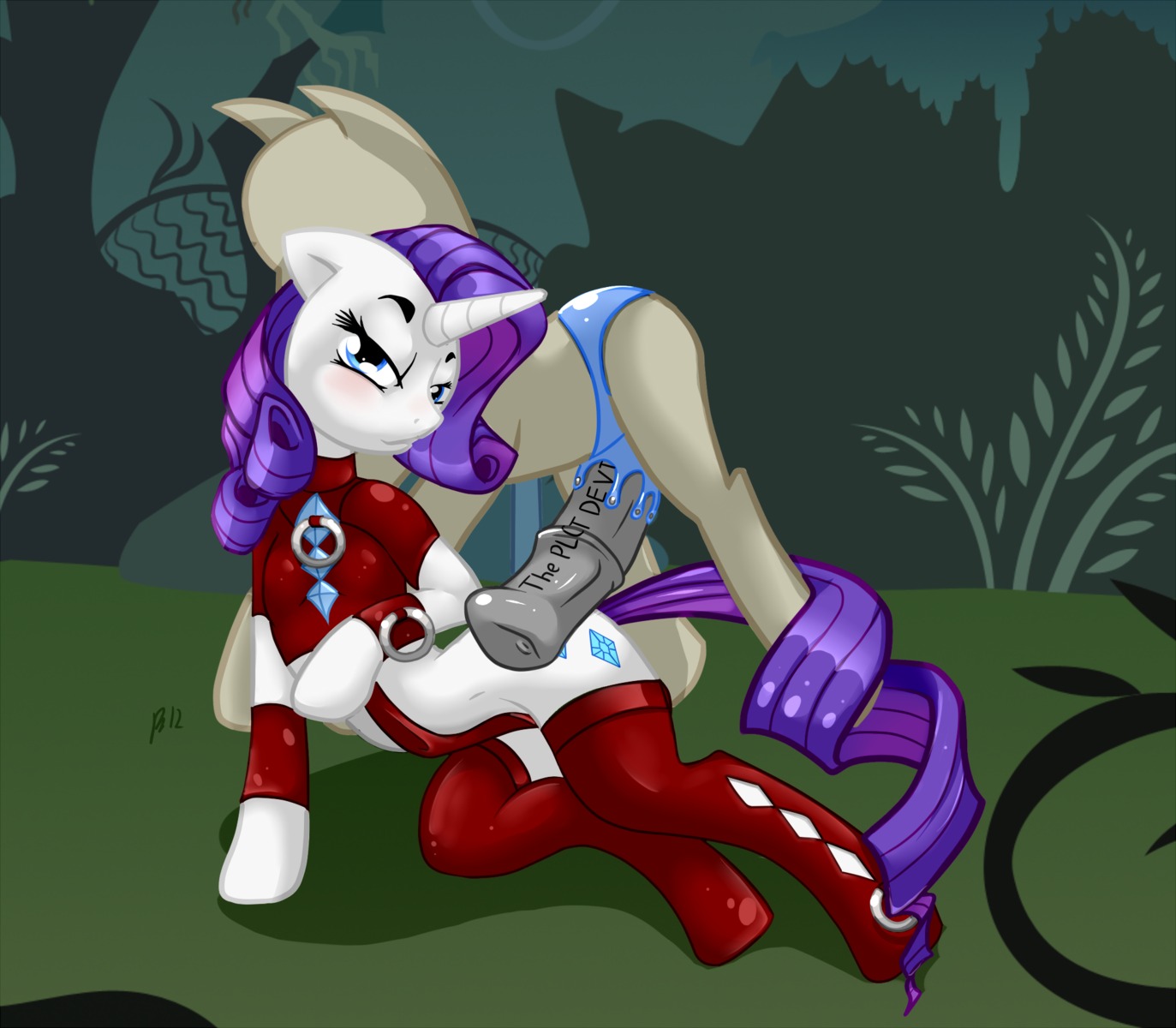 blue_eyes blush clothing cutie_mark detailed_background diamond_(gem) dildo dress e621 equid equine female feral forest friendship_is_magic gem grass hair hasbro hi_res horn looking_at_viewer mammal mannequin my_little_pony mythological_creature mythological_equine mythology outside plant purple_hair rarity_(mlp) severus sex_toy solo strapon tail the_plot_device tree unicorn wood