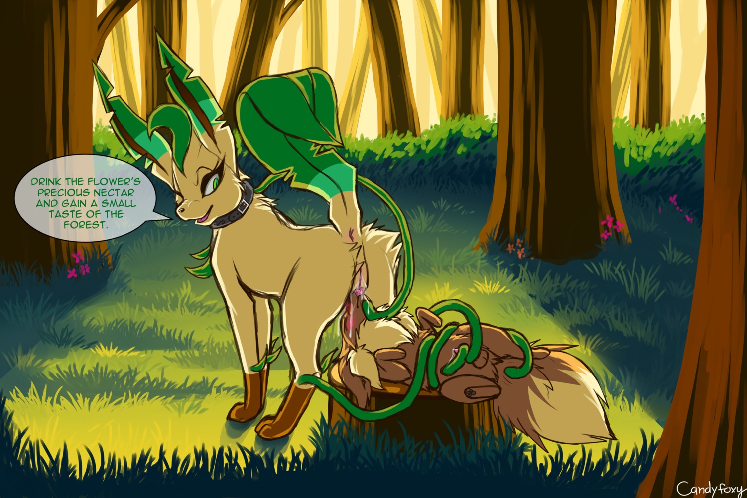 3:2 all_fours anus balls blush bodily_fluids brown_body brown_fur candyfoxy canid canine collar cum cum_on_face cum_on_fur cunnilingus detailed_background dialogue digital_media_(artwork) duo e621 eevee eeveelution english_text erection eyes_closed female feral forest fur generation_1_pokemon generation_4_pokemon genital_fluids genitals grass hi_res leafeon licking male male/female mammal messy nature nintendo open_mouth oral outside penis plant pokemon pokemon_(species) precum sex shaded speech_bubble text tongue tongue_out tree vaginal vines vulva wood