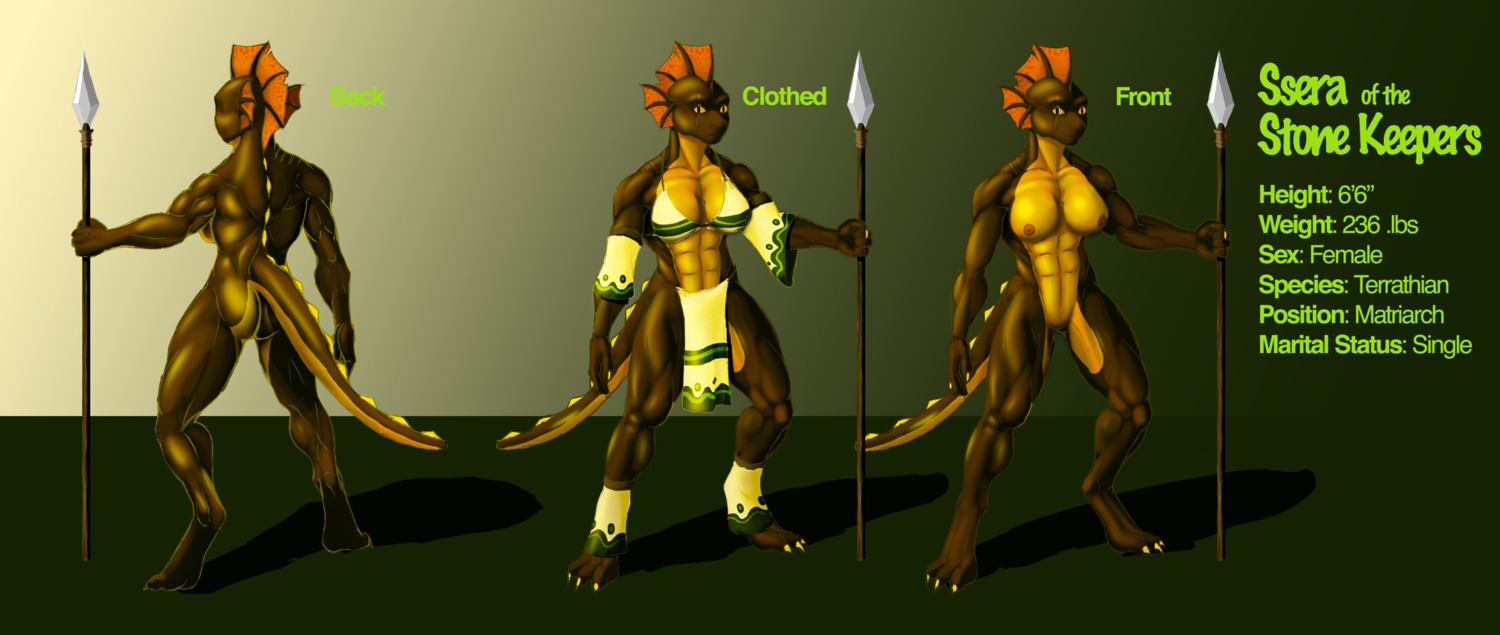 2013 abs anthro biceps breasts butt clothed clothing e621 female front_view genitals hi_res lizard melee_weapon model_sheet muscular muscular_anthro muscular_female nipples non-mammal_breasts non-mammal_nipples nude pogiforce polearm reptile scalie skimpy solo spear tail tribal vulva warrior weapon