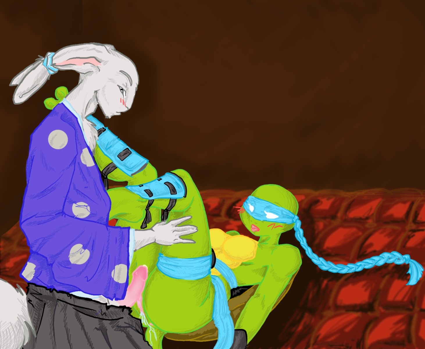 anthro crossover dark_horse female lagomorph male miyamoto_usagi ninja_turtles:_the_next_mutation penis rabbit reptile rule34 scalie straight_hair teenage_mutant_ninja_turtles turtle usagi_yojimbo venus_de_milo