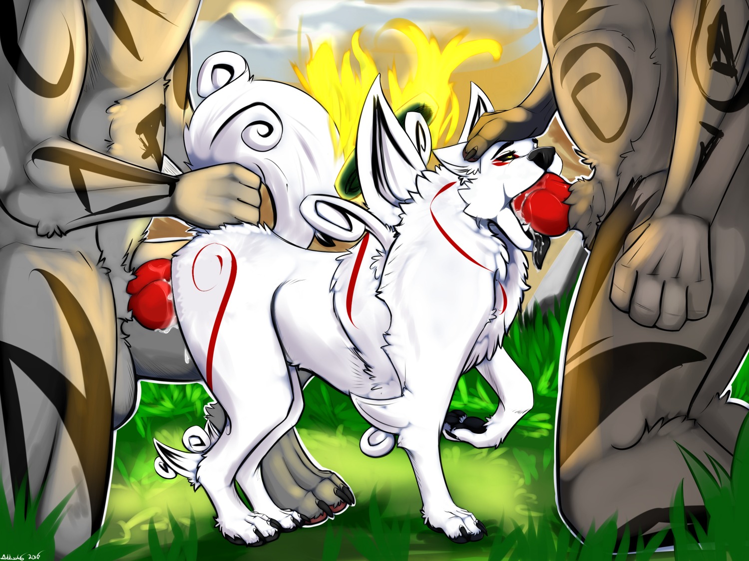 2016 4:3 4_toes akkusky all_fours amaterasu_(okami) ambiguous_gender animal_genitalia animal_penis anthro anthro_on_feral anthro_penetrating anthro_penetrating_feral balls bestiality black_nose black_sclera black_tongue bodily_fluids canid canine canine_genitalia canine_penis canis capcom claws clover_studio day deity detailed_background digitigrade doggystyle dominant double_penetration e621 erection faceless_anthro faceless_character faceless_male fangs feet fellatio female feral feral_focus feral_penetrated fist from_behind_position fur genitals grass group group_sex hand_on_head head_grab hi_res hindpaw interspecies kneeling knot larger_dom larger_male looking_pleasured male male/female male_penetrating mammal markings nude okami_(capcom) oral oral_penetration outside pawpads paws penetration penile penis plant red_markings red_penis saliva sex size_difference smaller_female smaller_penetrated solo_focus spitroast standing tail tail_grab tattoo teeth third-party_edit threesome toes tongue tongue_out trio vaginal vaginal_penetration white_body white_fur wolf yellow_eyes