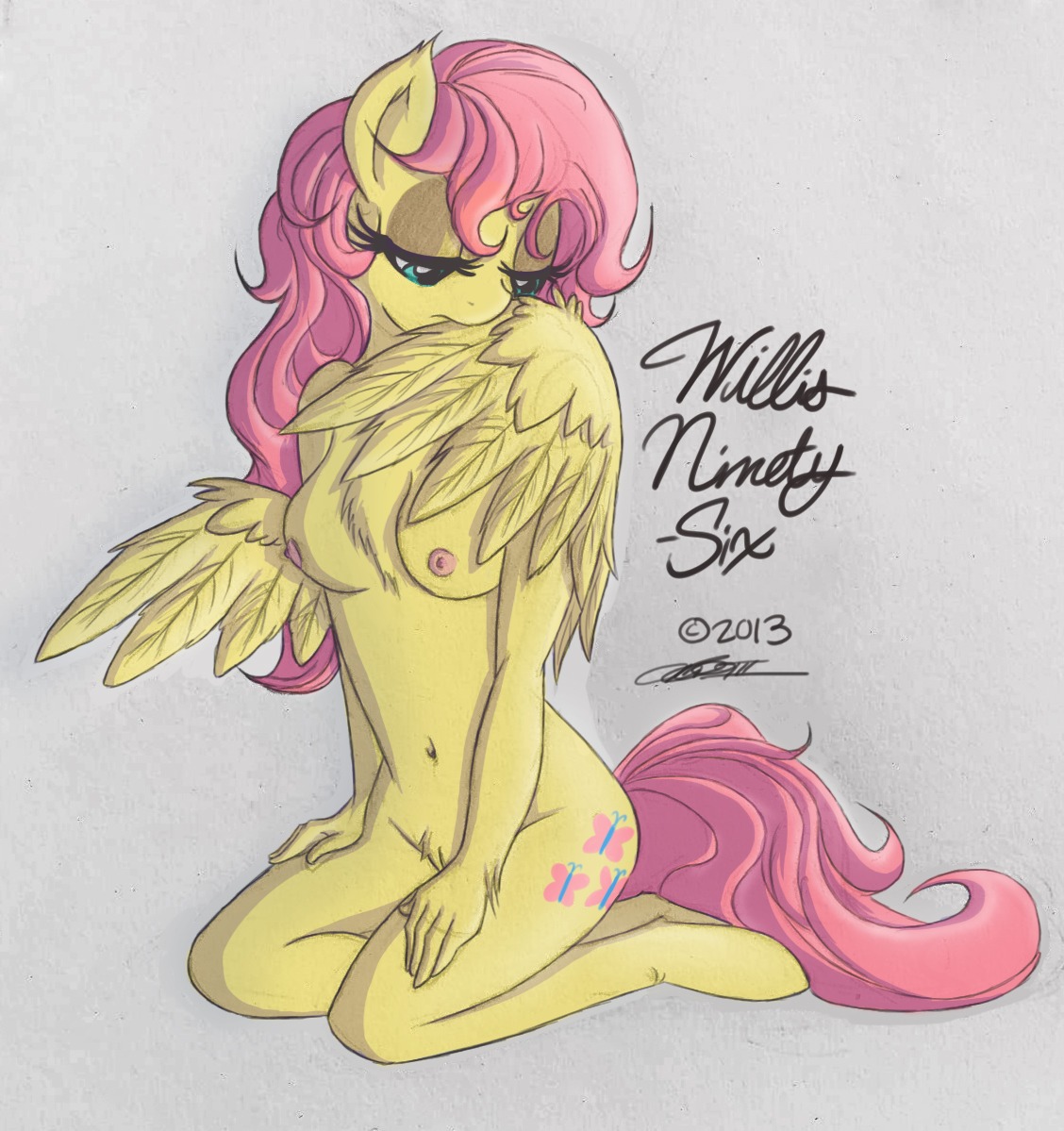 2013 anthro anthrofied biped blue_eyes breasts cutie_mark e621 equid equine feather_preening feathered_wings feathers female fluttershy_(mlp) friendship_is_magic genitals hair hasbro kneeling mammal my_little_pony mythological_creature mythological_equine mythology navel nipples nude pegasus personal_grooming pink_hair signature simple_background solo tail vulva willisrisque wings yellow_body yellow_feathers