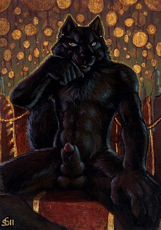 2011 abs animal_genitalia anthro balls biped black_body black_fur canid canine canis e621 fur genitals half-erect knot knot_in_sheath male mammal nude penis penis_tip sheath sitting solo spread_legs spreading ssirrus tail wolf