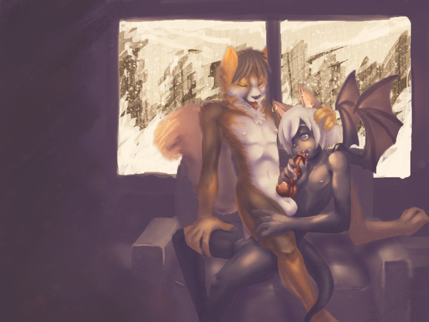 4:3 anal anal_penetration animal_genitalia animal_penis anthro bat canid canine canine_genitalia canine_penis canis chizi duo e621 erection eyes_closed fellatio fox genitals hi_res knot licking male male/male male_penetrated male_penetrating male_penetrating_male mammal membrane_(anatomy) membranous_wings moriarty_(dustmeat) nude open_mouth oral oral_while_penetrating penetration penile penis penis_lick sex sitting tail tongue tongue_out wings wolf