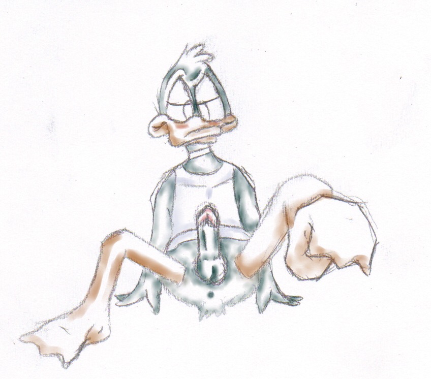 anthro bottomless duck front_view male male_only penis plucky_duck rule34 sitting solo tagme tiny_toon_adventures
