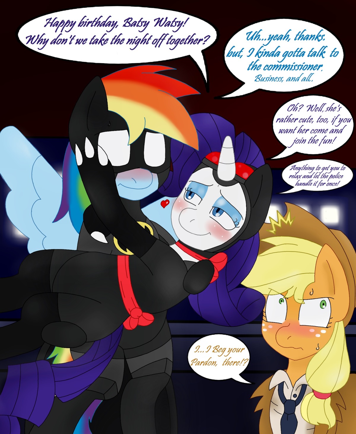 2012 applejack_(mlp) batman batman_(series) blackbewhite2k7 blonde_hair blue_body blue_eyes blue_feathers blue_fur blush catwoman clothed clothing commissioner_gordon cosplay cowboy_hat crossover crossover_cosplay dc_comics dialogue e621 earth_pony english_text equid equine eyewear feathered_wings feathers female female/female feral freckles friendship_is_magic fur goggles green_eyes group hair happy_birthday hasbro hat headgear headwear hi_res horn horse mammal multicolored_hair my_little_pony mythological_creature mythological_equine mythology pegasus pony purple_hair rainbow_dash_(mlp) rainbow_hair rarity_(mlp) tail text unicorn wings