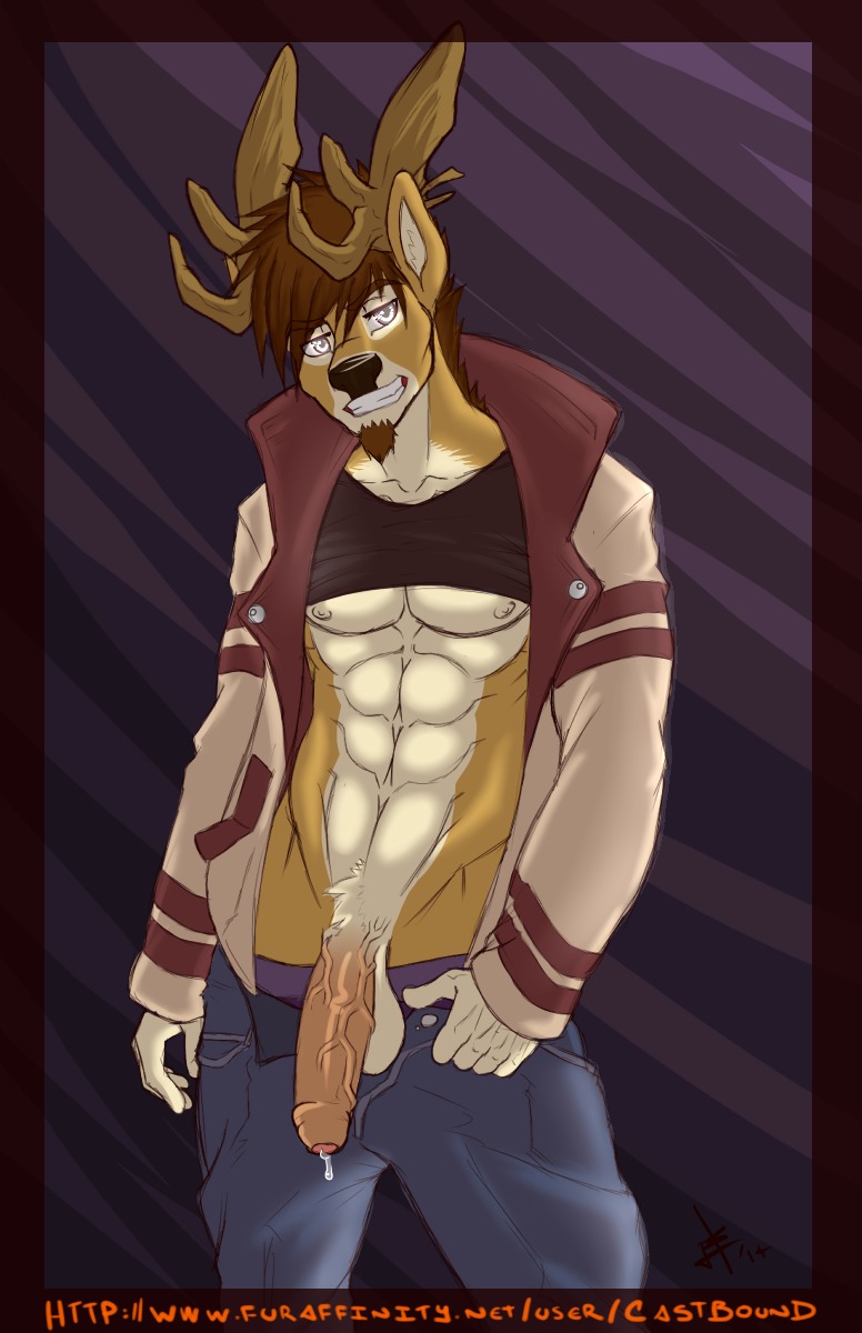 2014 5_fingers abs anthro antlers athletic beard biceps big_penis biped black_nose bodily_fluids border bottomwear brown_body brown_fur brown_hair castbound clothed clothing clothing_lift countershading deer denim denim_bottomwear denim_clothing e621 facial_hair fingers foreskin fur genital_fluids genitals goatee grey_eyes grin hair half-erect hi_res horn humanoid_genitalia humanoid_penis jacket jeans jegermaistro leaking looking_at_viewer male mammal muscular muscular_anthro nipples open_bottomwear open_clothing open_pants open_shirt open_topwear pants pecs penis pose precum precum_string presenting retracted_foreskin shirt shirt_lift signature smile solo standing tan_body tan_fur tank_top teeth text topwear underwear url vein veiny_penis