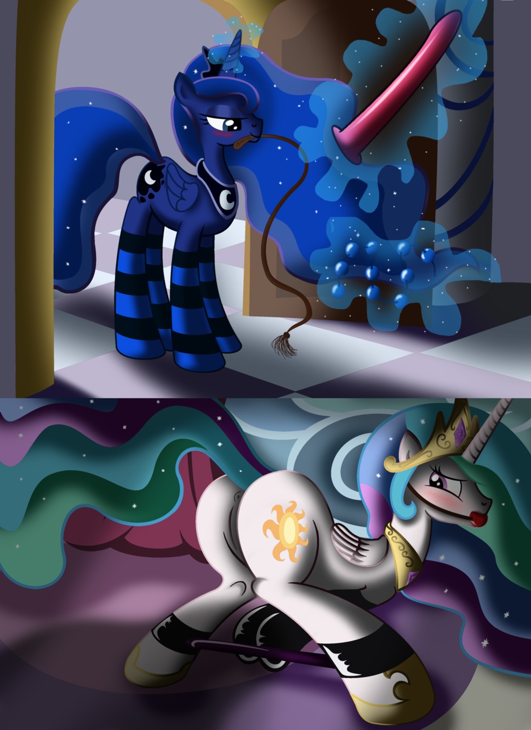 anal_beads anus ball_gag bdsm blue_body blue_eyes blue_feathers blue_hair blush bound butt clothing crown cutie_mark dildo duo e621 equid equine ethereal_hair feathered_wings feathers female feral friendship_is_magic gag gagged genitals glowing glowing_horn hair hasbro headgear hi_res horn incest_(lore) legwear looking_back mammal multicolored_hair my_little_pony mythological_creature mythological_equine mythology nude pink_eyes presenting presenting_hindquarters princess princess_celestia_(mlp) princess_luna_(mlp) quadruped restraints royalty sex_toy sibling_(lore) sister_(lore) sisters_(lore) spreader_bar stockings tail two_tone_hair unicorn_horn vulva whip white_body white_feathers winged_unicorn wings ziemniax
