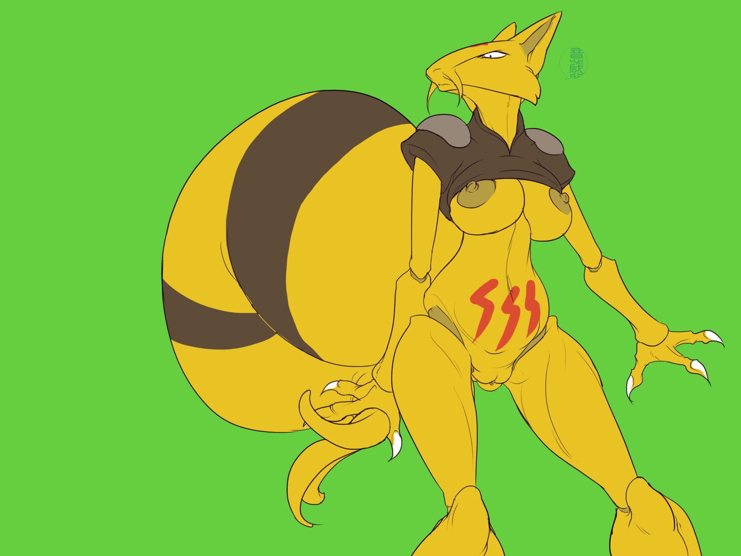 2013 3_fingers 4:3 absurd_res anthro anthrofied areola biped breasts brown_areola brown_body brown_fur brown_nipples brown_tail claws colored_nails e621 female fingers fur fydbac generation_1_pokemon genitals green_background hi_res humanoid_genitalia humanoid_vulva kadabra long_tail multicolored_body multicolored_fur multicolored_tail nails nintendo nipples nude plump_labia pokemon pokemon_(species) pokemorph portrait simple_background small_waist snout solo speech_bubble standing tail thick_tail three-quarter_portrait under_boob vulva white_claws white_nails yellow_body yellow_fur yellow_tail
