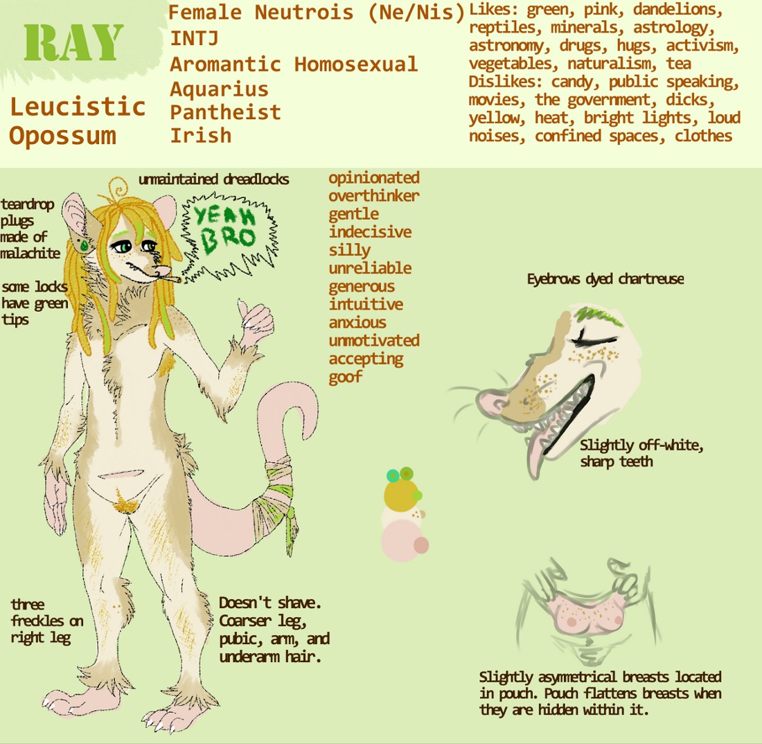 4_toes american_opossum andromorph andromorph_(lore) anthro armpit_hair biped blonde_hair body_hair brown_body brown_fur claws color_swatch coppahhead dialogue digital_media_(artwork) dreadlocks drugs e621 ear_piercing english_text eyes_closed feet freckles fur genitals green_background green_eyes hair hairy intersex mammal marijuana marsupial model_sheet nipples pecs piercing pouch_(anatomy) pubes ray_(coppahhead) simple_background solo standing tail tan_body tan_fur teats text toe_claws toes tongue tongue_out vulva