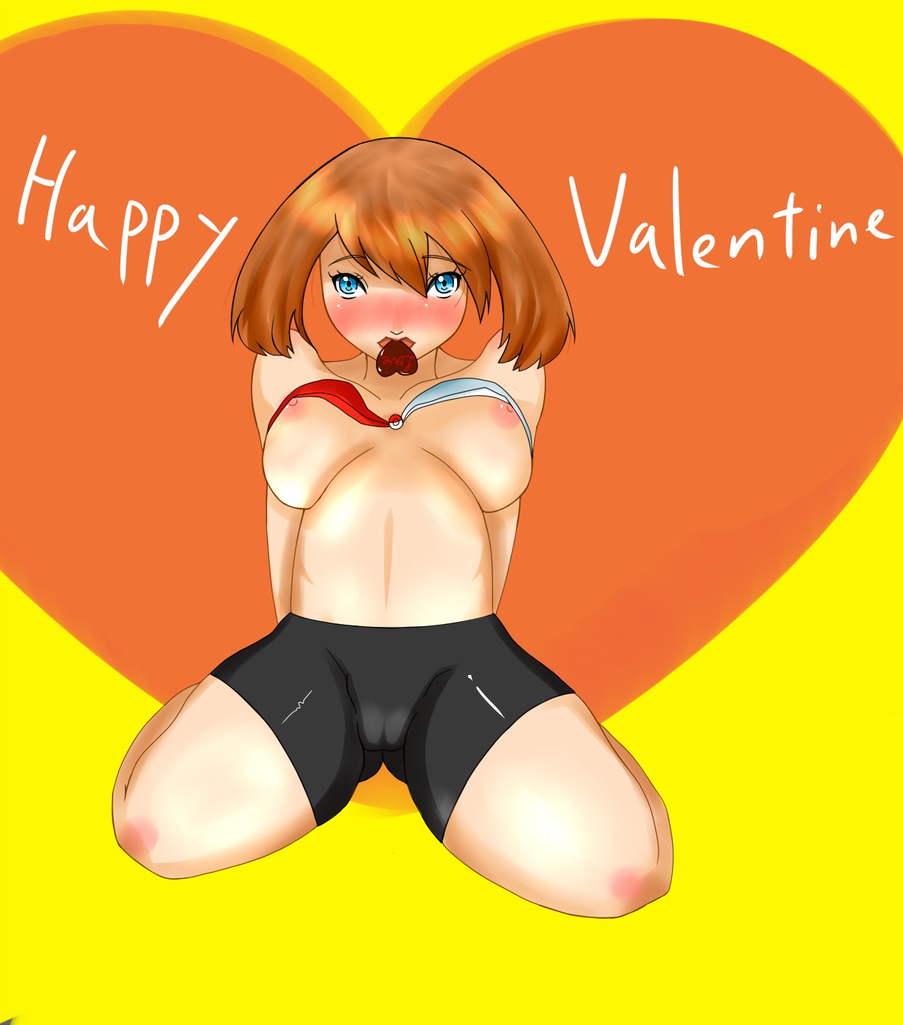 blush breasts chocolate clothes color female female_only front_view human human_only may_(pokemon) nipples pokemon rule34 solo tagme