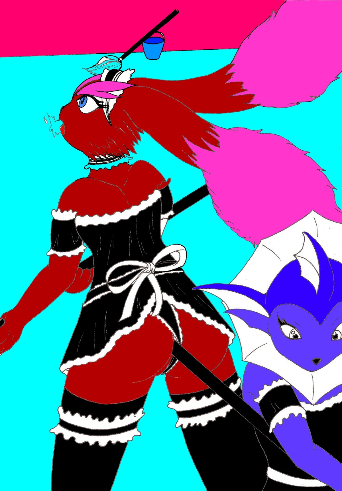 anthro ass black_nose blue_eyes bucket clothing color eeveelution female female_only fur furry furry_ass interspecies lopunny maid mop multiple_females nintendo open_eyes pok&eacute;mon_(species) pokemon pokemon_(species) pokemon_dppt pokemon_rgby red_fur rule34 vaporeon white_eyes yuri