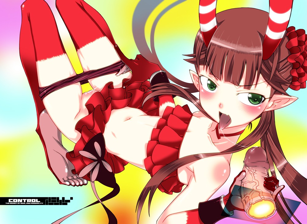 1boy 1girls barefoot c_(control) c_the_money_of_soul_and_possibility_control censored cute_fang feet female gloves green_eyes horns long_hair male mashu mashu_(control) midriff mudou_eichi navel panties panty_pull penis pinky_out pointy_ears pussy pussy_juice rule34 saliva saliva_trail soles thighhighs tongue underwear