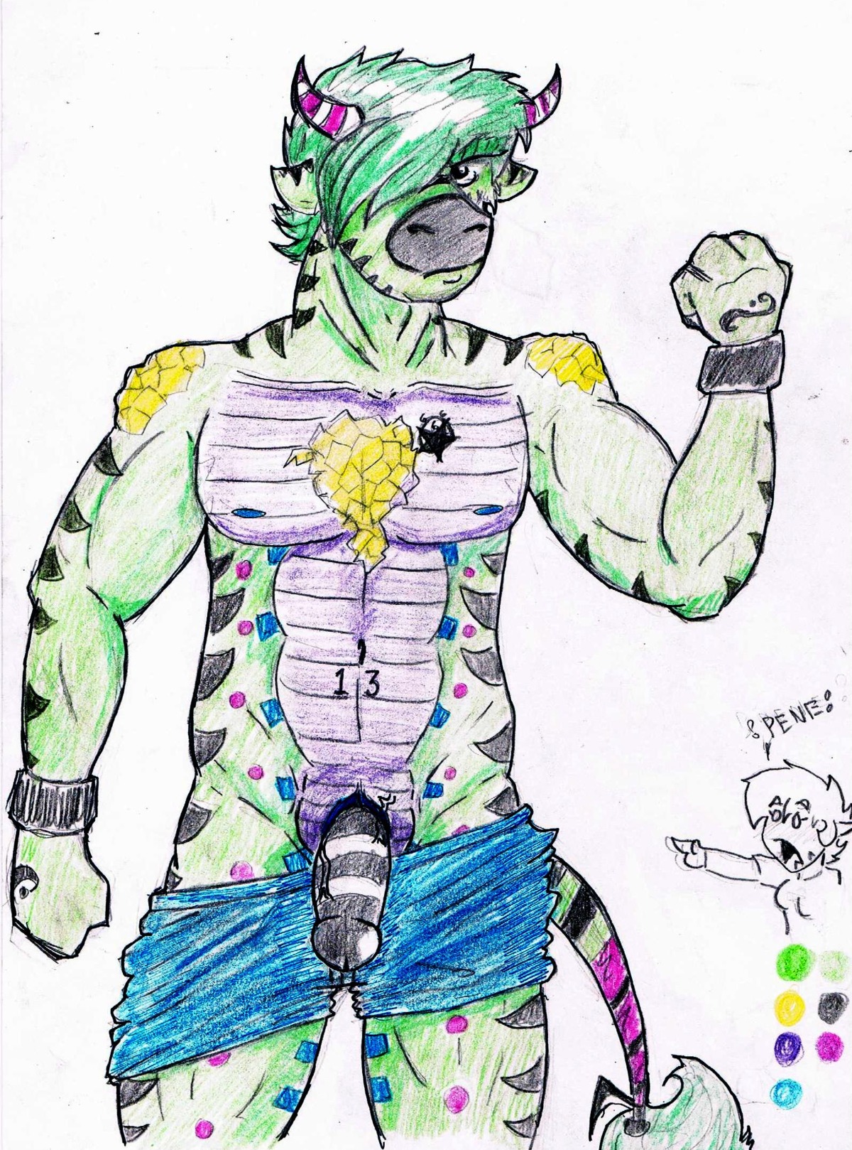 2011 alebrije alligator alligatorid anthro bovid bovine cattle crocodilian e621 eljon genitals half-erect hi_res humanoid_genitalia humanoid_penis hybrid lizard male mammal muscular muscular_anthro muscular_male nuar_come_mundos penis reptile scalie simple_background solo tail text toro_(nuar_come_mundos)