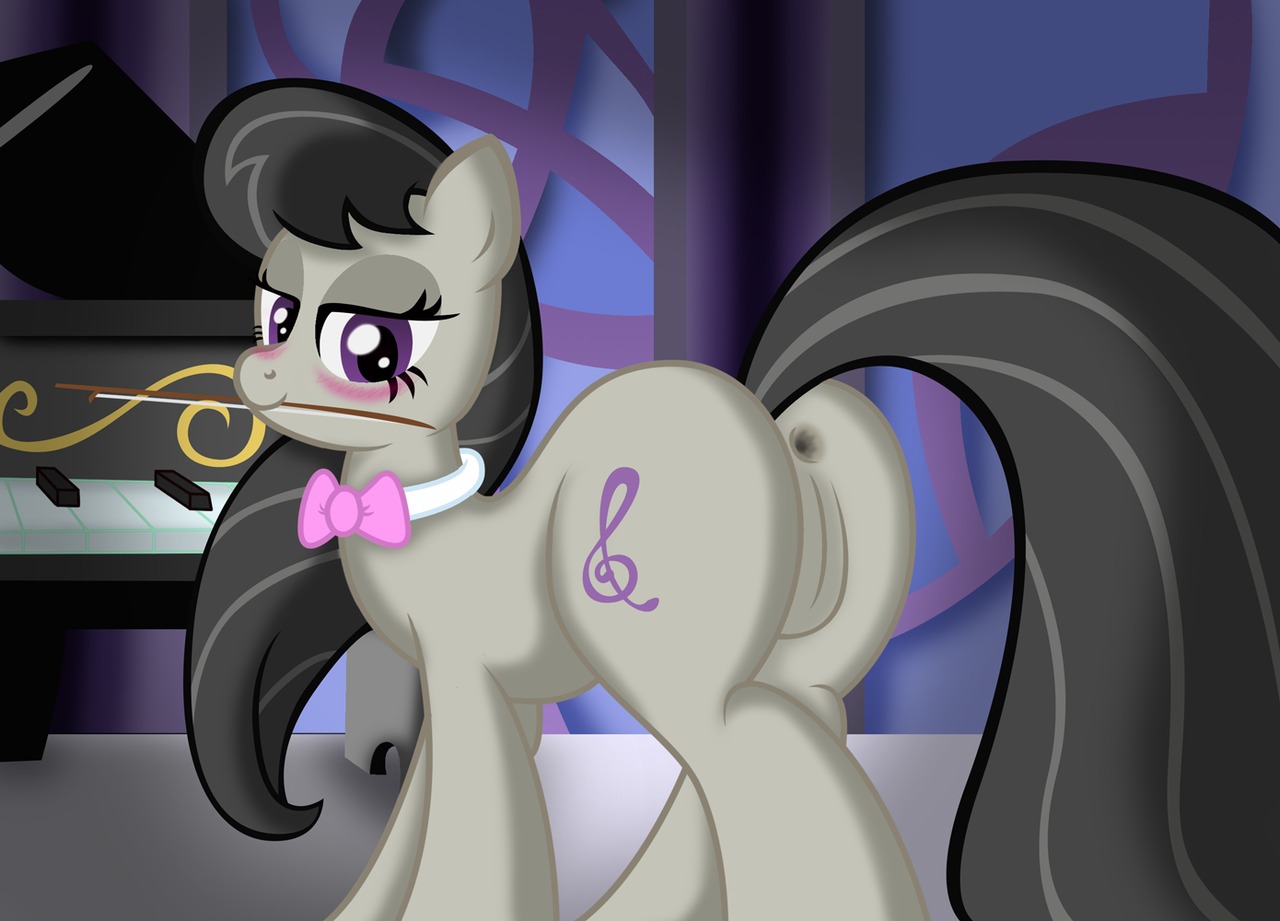 anus black_hair blush bow_(feature) bow_tie butt cutie_mark e621 earth_pony equid equine female feral friendship_is_magic genitals grand_piano hair hasbro horse keyboard_instrument looking_back mammal musical_instrument my_little_pony octavia_(mlp) piano pony purple_eyes quadruped solo tail vulva ziemniax
