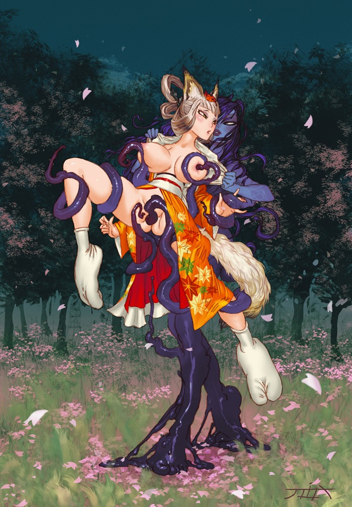 2girls animal_ear bad_feet breasts consensual_tentacles feet female fox_ear fox_tail hair_up japanese_clothes joixxx kimono kongiku large_breasts leaf leaf_on_head monster_girl multiple_females multiple_girls muramasa_the_demon_blade rule34 sex silver_hair tabi tail tentacle