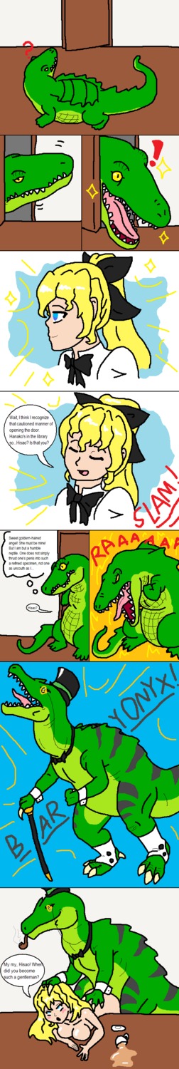 ! ? blonde_hair blue_eyes blush breasts comic dinosaur female hair hat headgear katawa_shoujo male panels penis rule34 satou_lilly sex speech_bubble tall_image teeth text tongue what