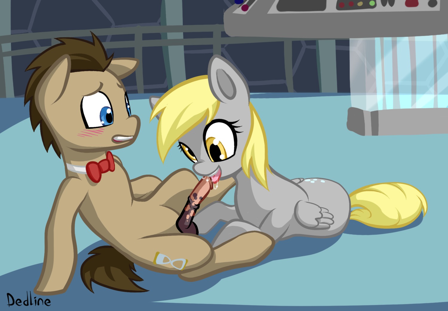 2013 amber_eyes animal_genitalia animal_penis blonde_hair blue_eyes bodily_fluids bow_(feature) bow_tie brown_body brown_fur brown_hair cum cutie_mark dedline derpy_hooves_(mlp) doctor_whooves_(mlp) duo e621 earth_pony equid equine equine_genitalia equine_penis erection feathered_wings feathers fellatio female feral friendship_is_magic fur genital_fluids genitals grey_body grey_feathers grey_fur hair hasbro hi_res horse inside licking lying male male/female mammal my_little_pony mythological_creature mythological_equine mythology on_front oral pegasus penile penis penis_lick pony sex shirt_collar sitting tongue tongue_out wings