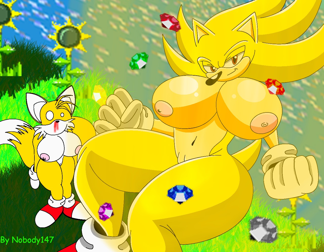 2girls anthro aura big_breasts breasts canine chaos_emerald female female_sonic_the_hedgehog fox furry genderswap genderswap_(mtf) green_hill_zone hedgehog huge_breasts mammal miles_prower miles_tails_prower naked nipples nobody147 nosebleed nude pink_nipples rule34 rule_63 sonic_(series) sonic_the_hedgehog sonic_the_hedgehog_(series) sonic_the_hedgehog_2 sonique_the_hedgehog super_sonic super_sonique tails tails_the_fox yuri