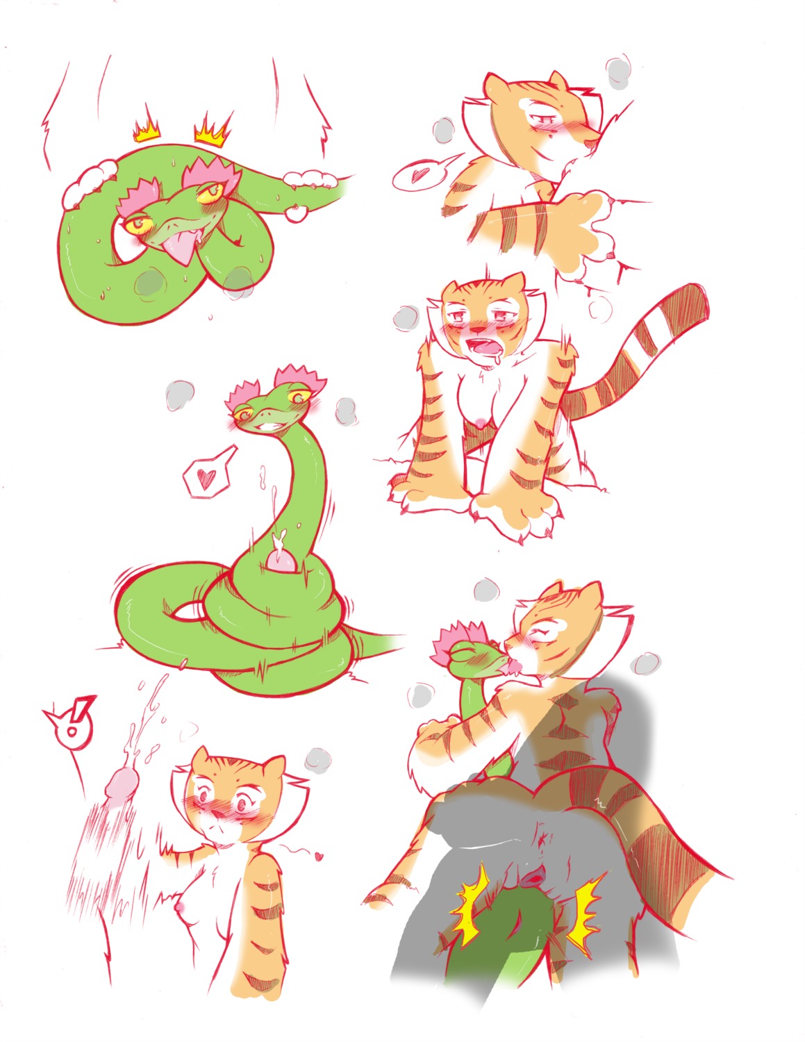 absurd_res anthro bent_over blood blush bodily_fluids coiling cold-blooded-twilight dreamworks duo e621 erection eyes_closed felid fellatio female female/female feral french_kissing genitals green_eyes handjob heart_symbol hi_res humanoid_genitalia humanoid_penis kissing kung_fu_panda male male/female mammal master_tigress master_viper multiple_scenes nude oral pantherine penile penis reptile scalie sex snake tail tiger viper
