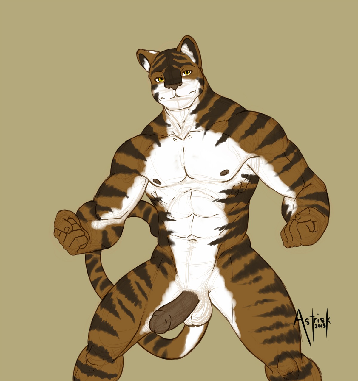 2013 abs animal_genitalia anthro astrisk athletic balls biceps big_muscles biped black_body black_fur brown_body brown_fur brown_nose brown_penis e621 erection felid flexing fur genitals hi_res humanoid_genitalia humanoid_penis looking_at_viewer male mammal markings muscular muscular_anthro muscular_male nipples nude pantherine pecs penis pose presenting sheath solo standing stripes teeth tiger white_body white_fur yellow_eyes